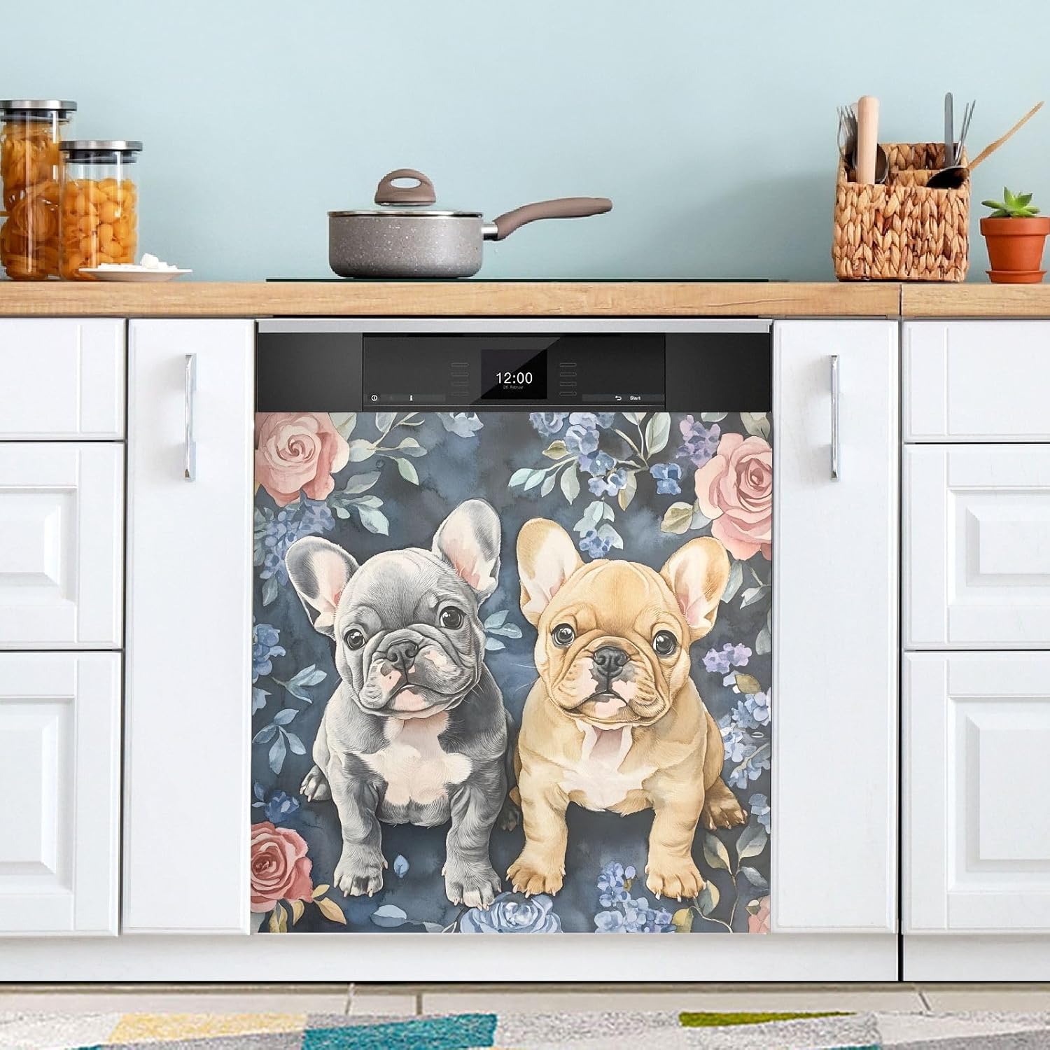 Dishwasher Magnet Cover Large Magnetic Stickers Pug Rose Flower Pattern Front Dishwasher Cover Reusable Decal for Home Kitchen Anti-Scratch Refrigerator Decorative Lid Washing Machine Laundry 23