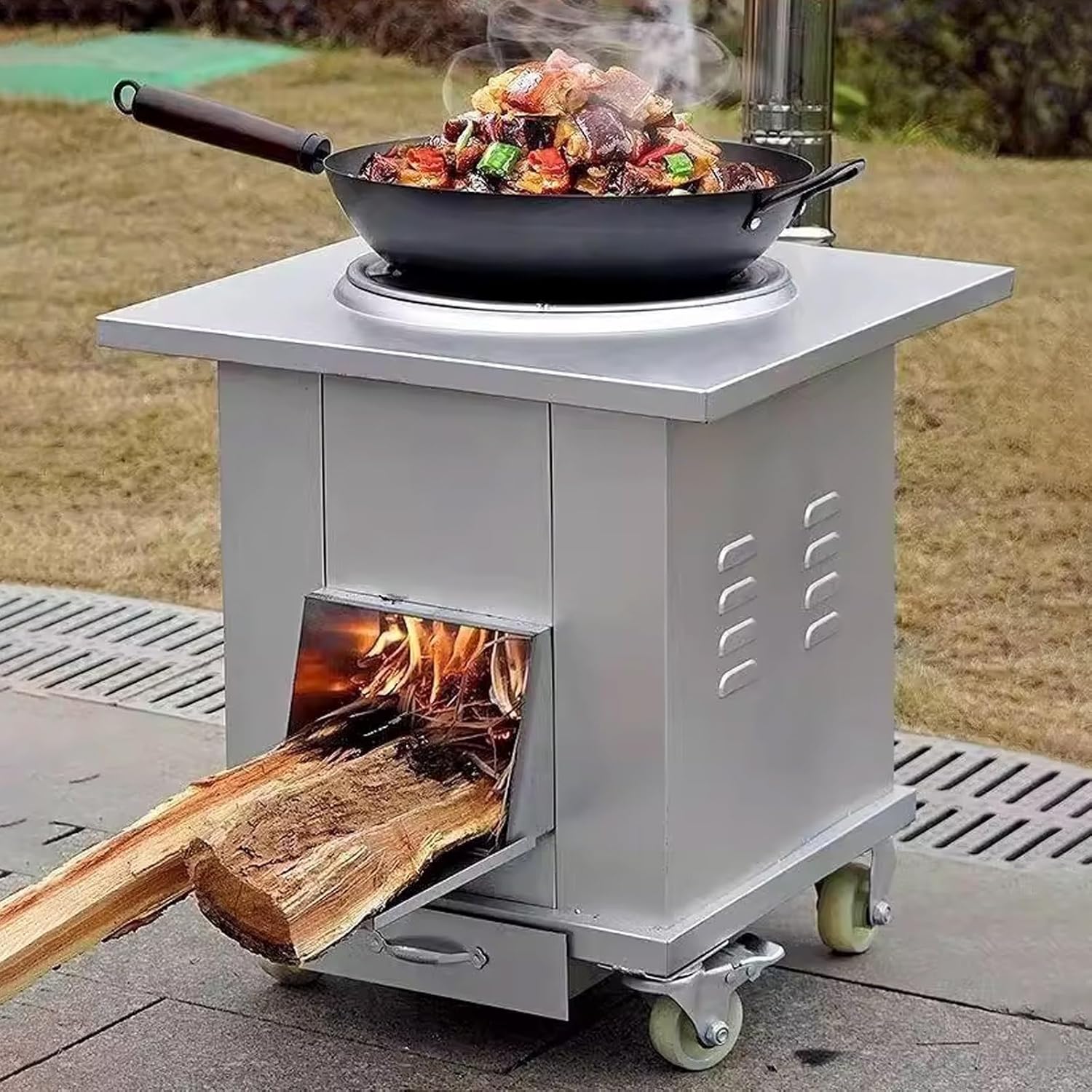 Movable Wood Burning Stove with 4 Universal Wheels, Camping Wood Stove with 1m Chimney for Tent Heating, Camping Picnic, Fishing, Cooking, Barbecue, Boiler Water Supply