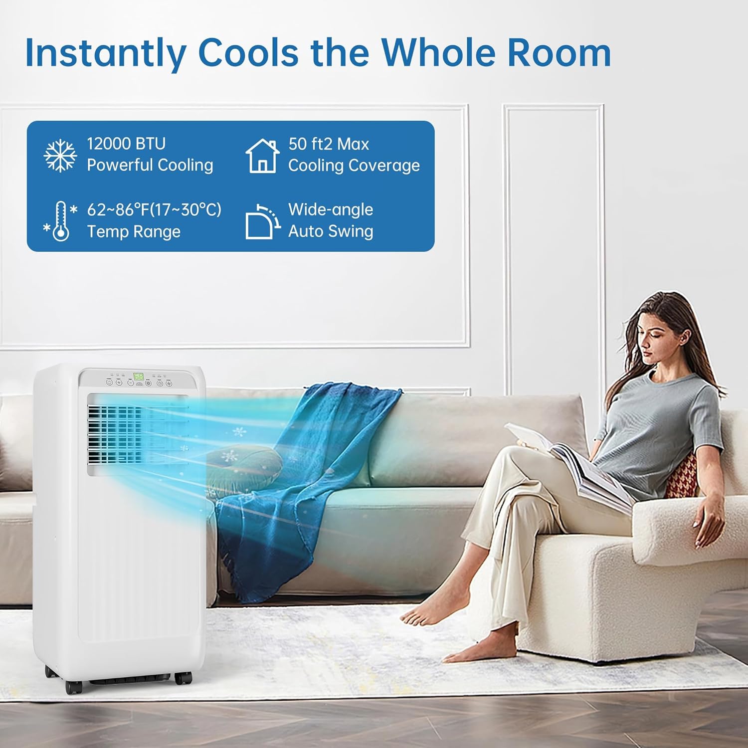 8000BTU Portable Air Conditioner (Ashare) With Remote Control for Room, Kitchen, Office,Cools Up to 350sq.Ft,3 Quiet Modes With Cool,Fan,Dehumidify.White.