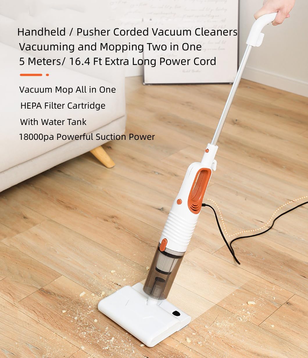 Corded Stick Vacuum Cleaner and Mop in One, Mop Vacuum Combo, 18000pa Suction Lightweight Powerful Upright Vacuum Cleaner and Mopping, Household Wet Dry Vacuum Cleaners for Home Hard Floor Pet Hairs