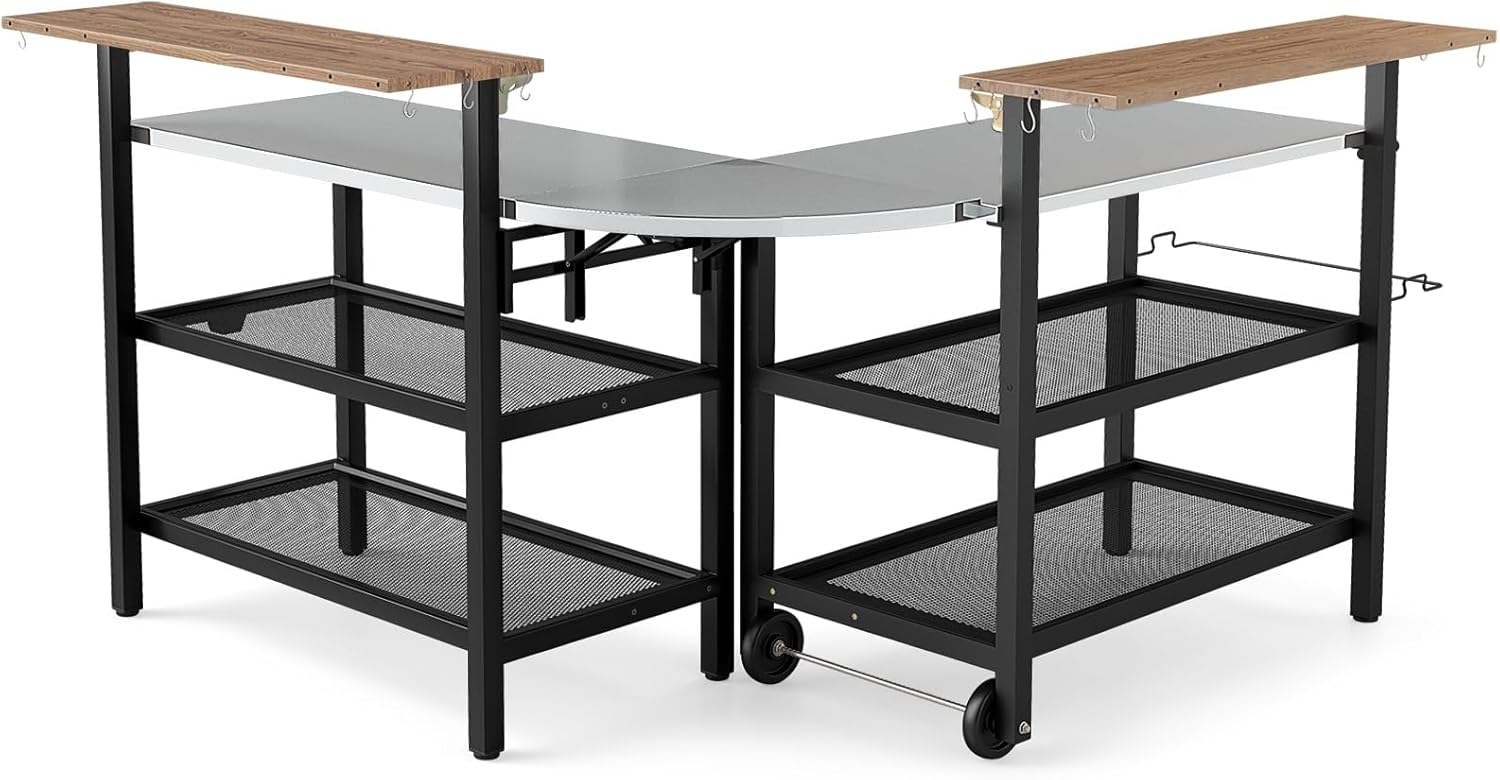 Giantex 2-Piece Outdoor Kitchen Grill Cart Set, Stationary Prep Table & Mobile Grill Cart with Wheels, Connectable L-Shaped Configuration, Flip-Up Bar Top, Foldable Side Table, BBQ Cooking Station