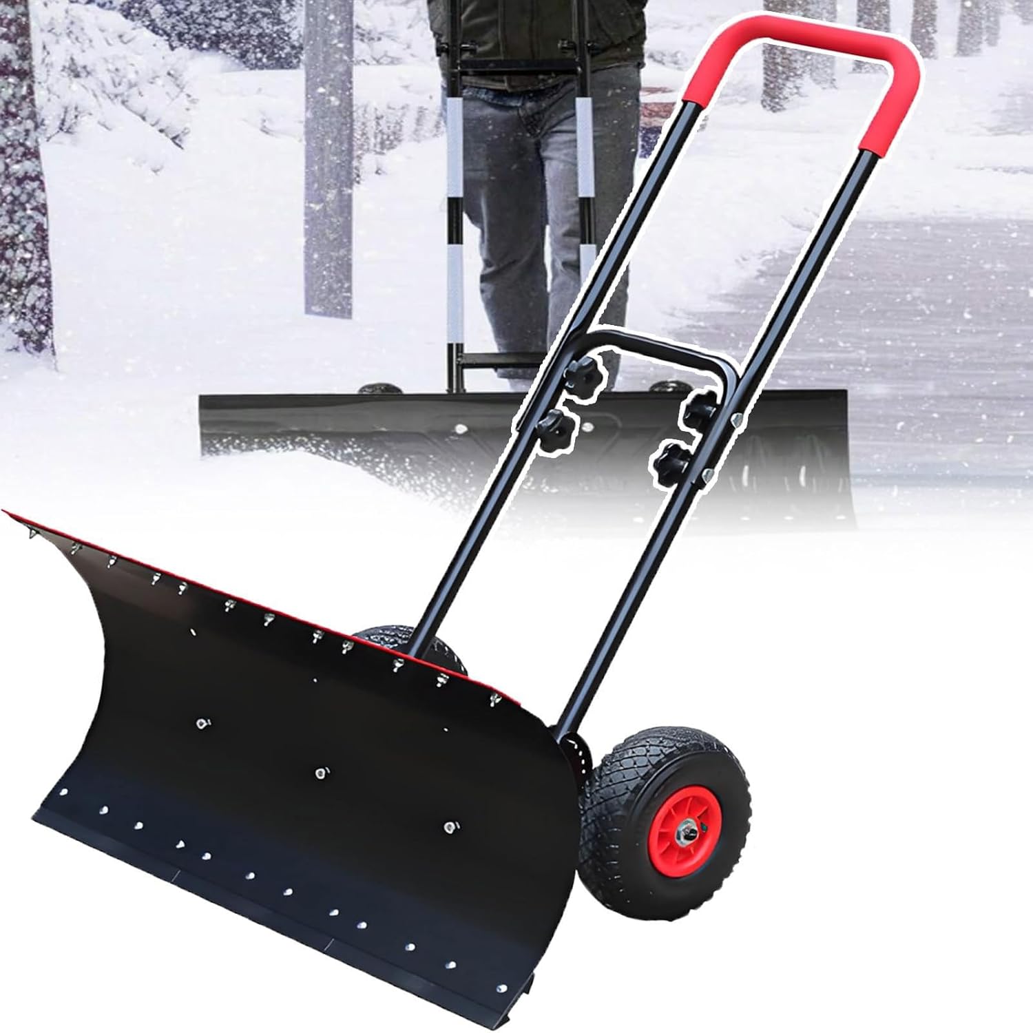 Heavy Duty Manual Snow Shovel with Wheels,Carbon Steel Rolling Snow Pusher with 5-Level Adjustable Handle & 360° Adjustable Shovel Head, for Ice Removal On Driveways, Sidewalks, Gardens