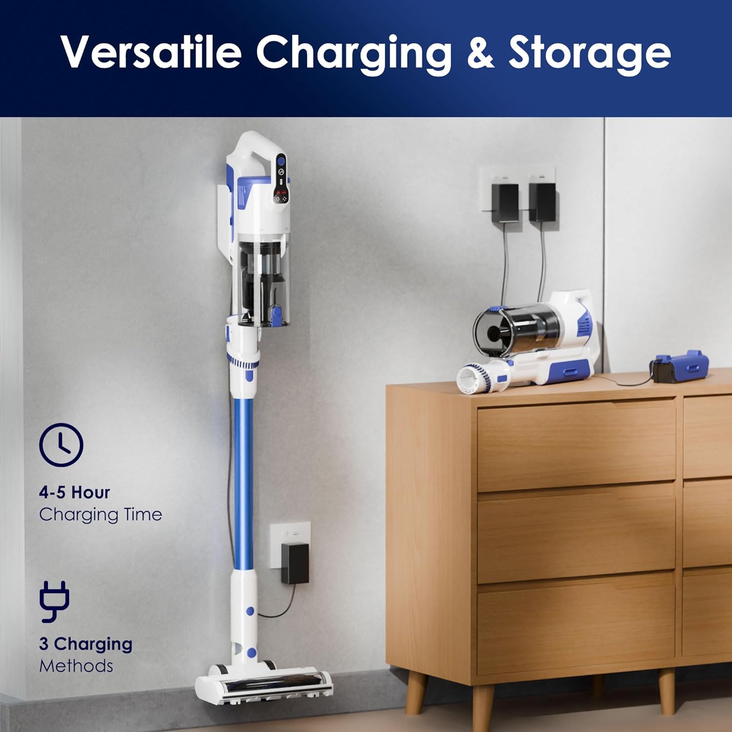 Cordless Vacuum Cleaner with Self-Standing, 45KPA Stick Vacuum, 88,000RPM Brushless Motor & LED Display, Anti-Tangle, Lightweight Vacuum Cleaners for Home, Pet Hair, Hardwood Floors, Blue