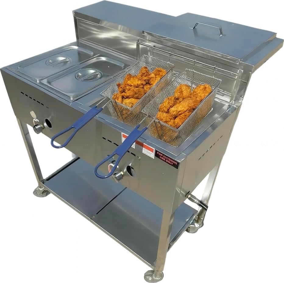 Heavy Duty 2 Basket Deep Fryer Cart | 3 Gallon Single Tank | 2 Pan Steam Table | Portable 4 Wheel | Stainless Steel | Frying Thermometer | Outdoor Propane Fryer for Chicken, Fish, & More