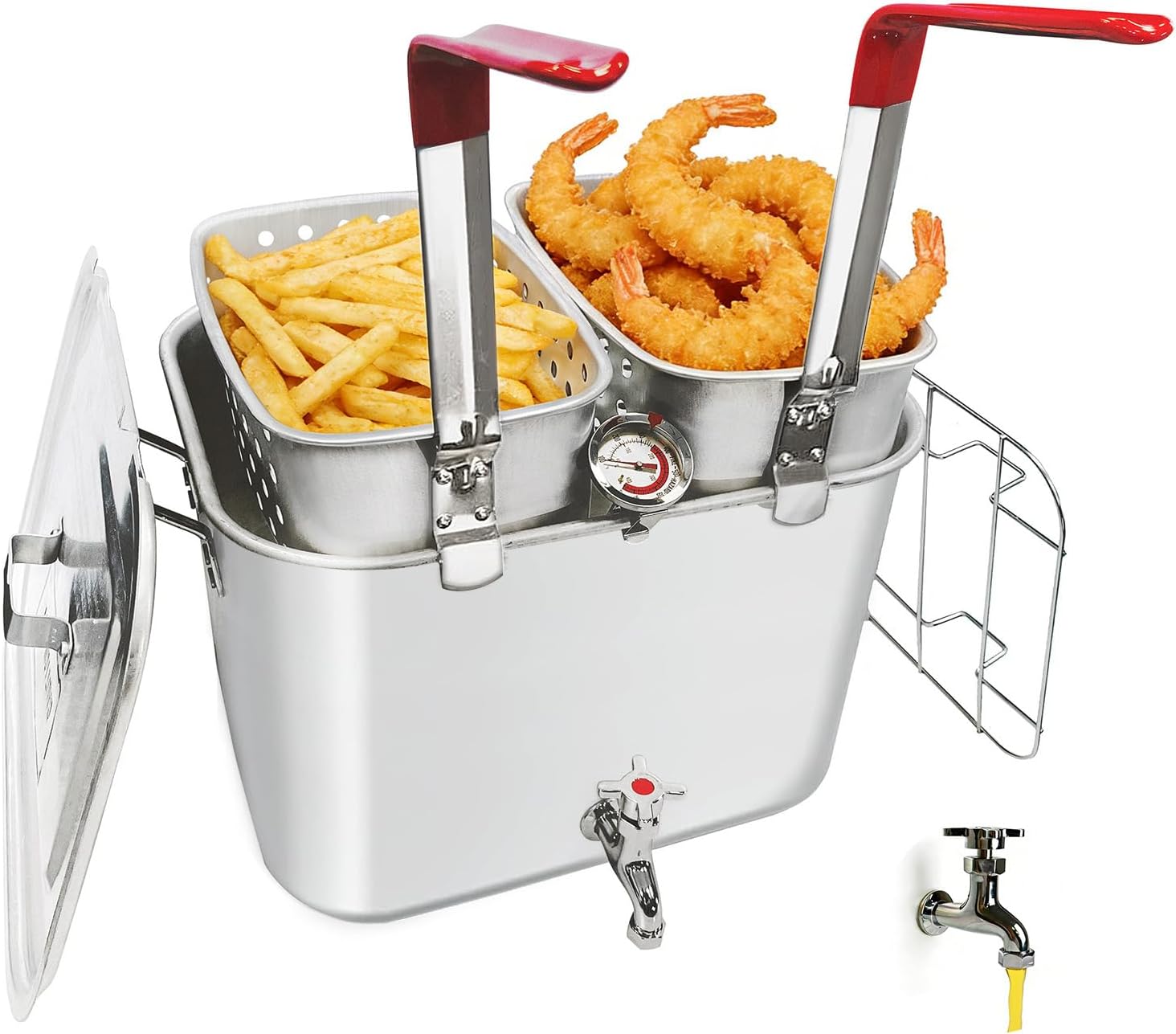 36QT Aluminum Deep Fryer Pot with Baskets &Spigot，Durable Rectangular Fish Fryers with Thermometer，Complete Outdoor Cooking Kit for Frying Fish,Chicken Wings,French Fries,Turkey