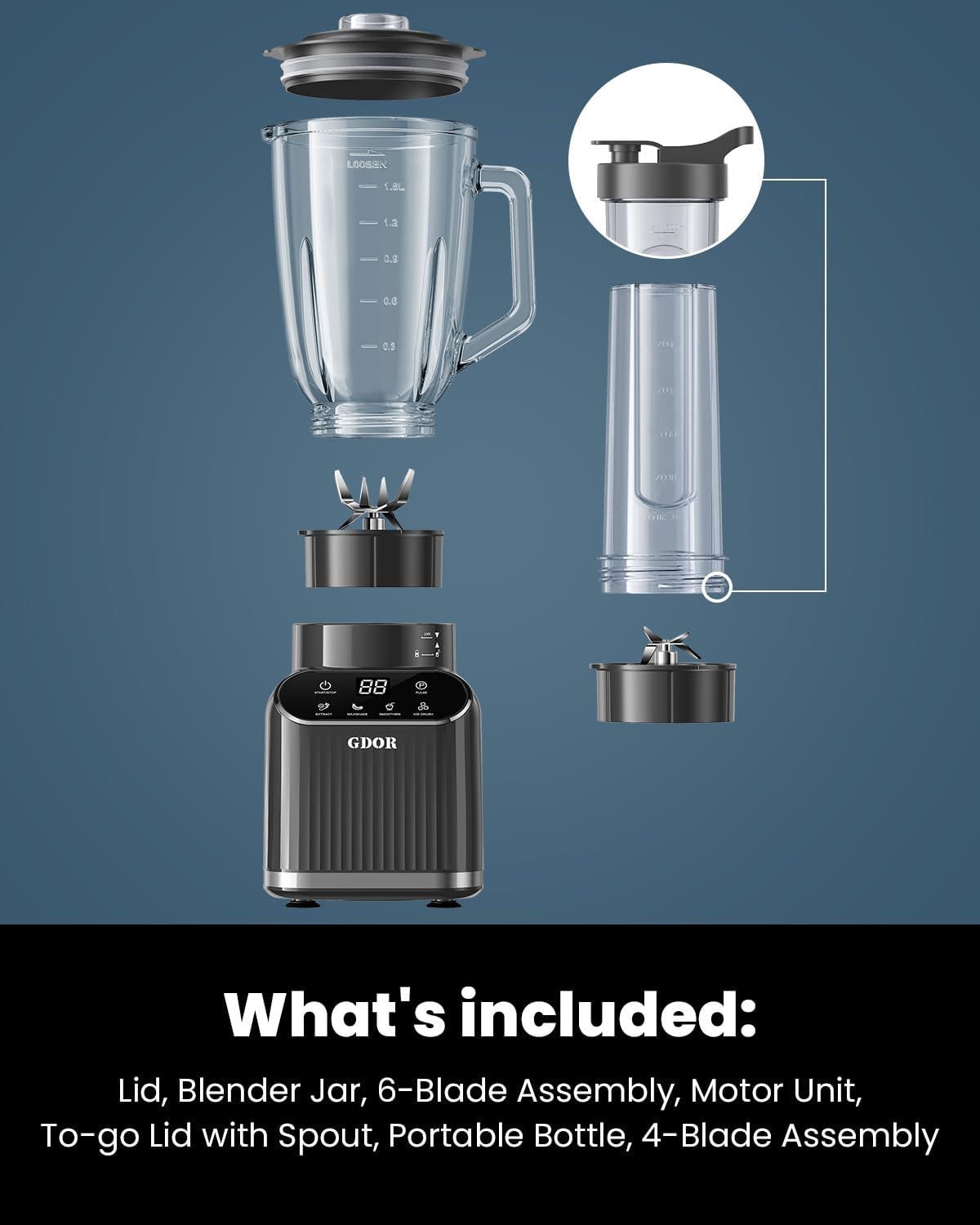 GDOR Professional Blender for Smoothies, 5 Functions, 1200 Peak Watts Smoothie Blender, 52 Oz Glass Jar & 24 Oz To-Go Cup Combo, Blenders for Smoothies, Ice and Frozen Fruit, Self-Cleaning, Gray