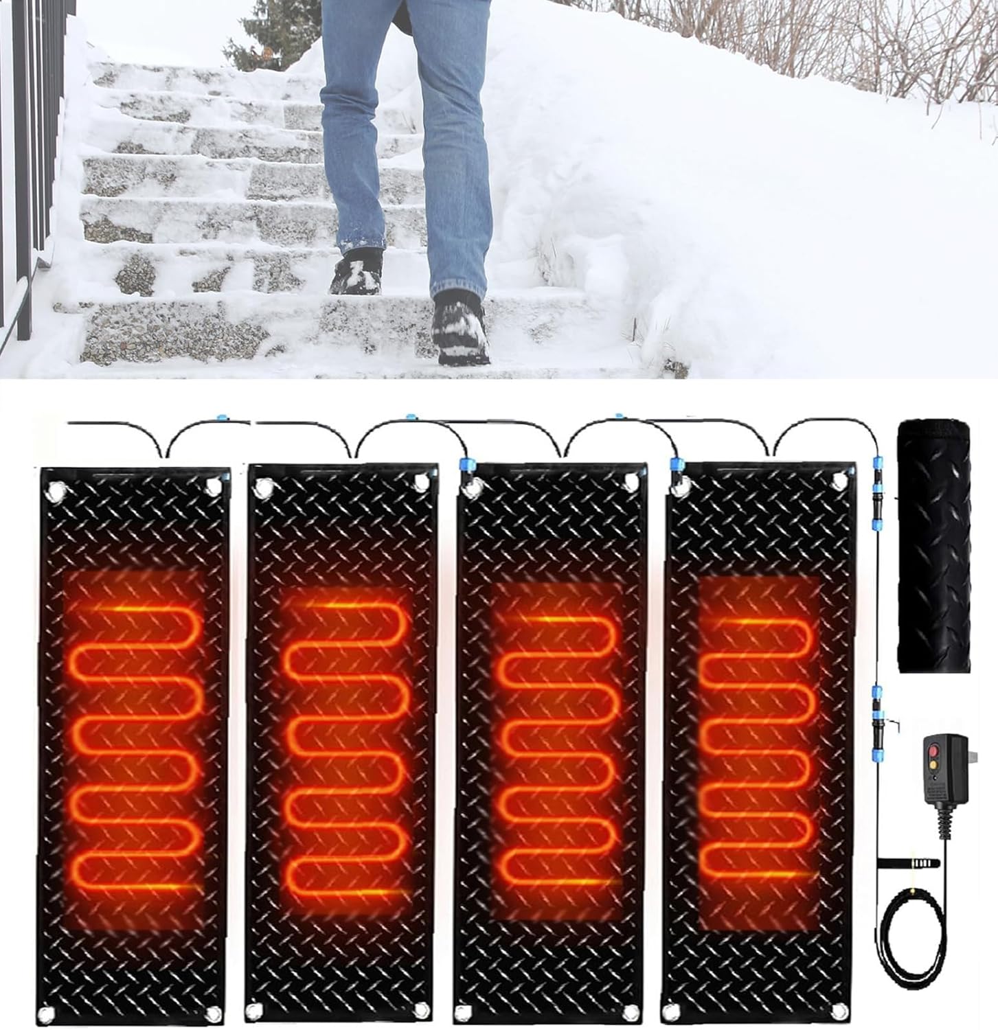 Winter Outdoor Entrance Snow-Melting Pads in Multiple Sizes, electrically Heated, Anti-Slip, Walkway and Staircase entrances, Universal(4Pcs,10x48in/(25.4x120cm))