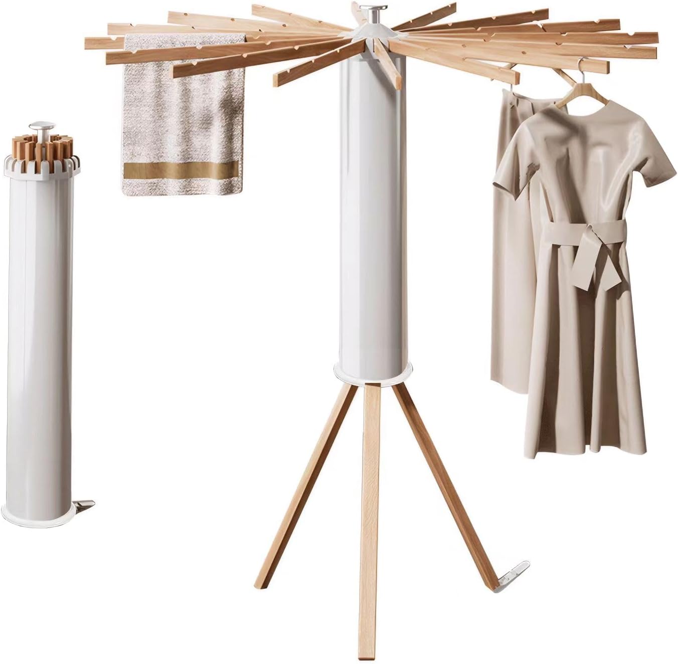 Tripod Clothes Drying Rack - Foldable Laundry Drying Rack - Household Floor Standing Clothes Drying Racks with 16 Wooden Drying arms for Balconies, Laundry, Bedrooms