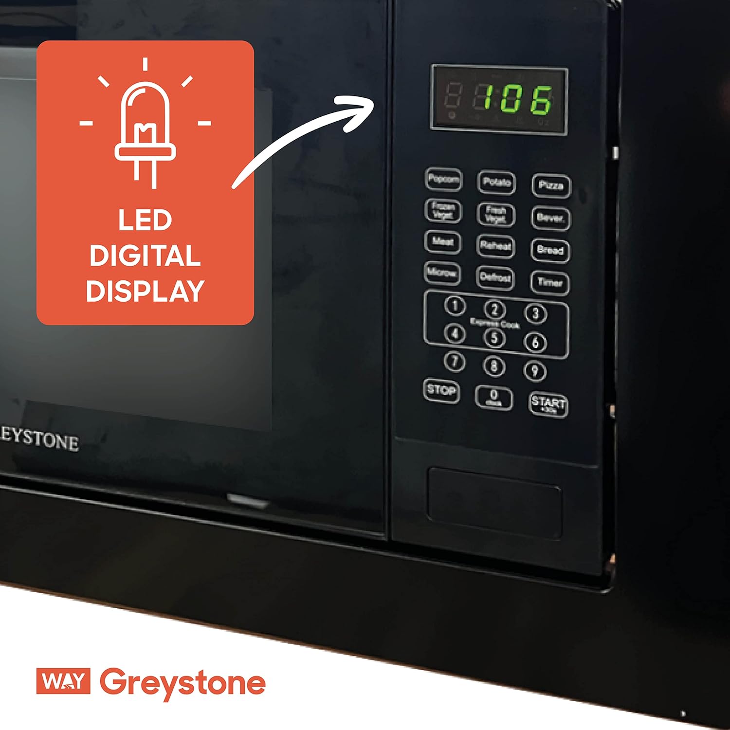Greystone 0.9 Cubic Foot, Built-In Microwave, Digital Touchpad, LED Display, Includes Trim, Black