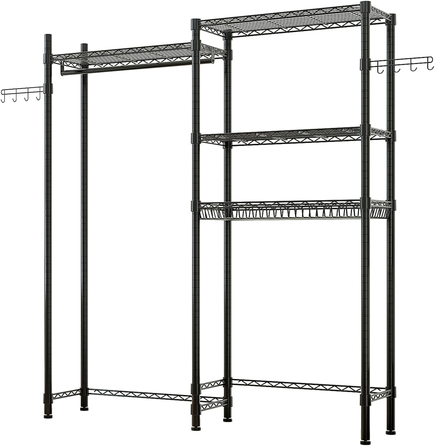 Washer and Dryer Storage Shelf,Clothes Drying Rack, Over Washer and Dryer Laundry Room Bathroom Towel Storage Shelf, Space Saver with Adjustable Shelves, Wire Basket, and Rotatable Hooks,Black