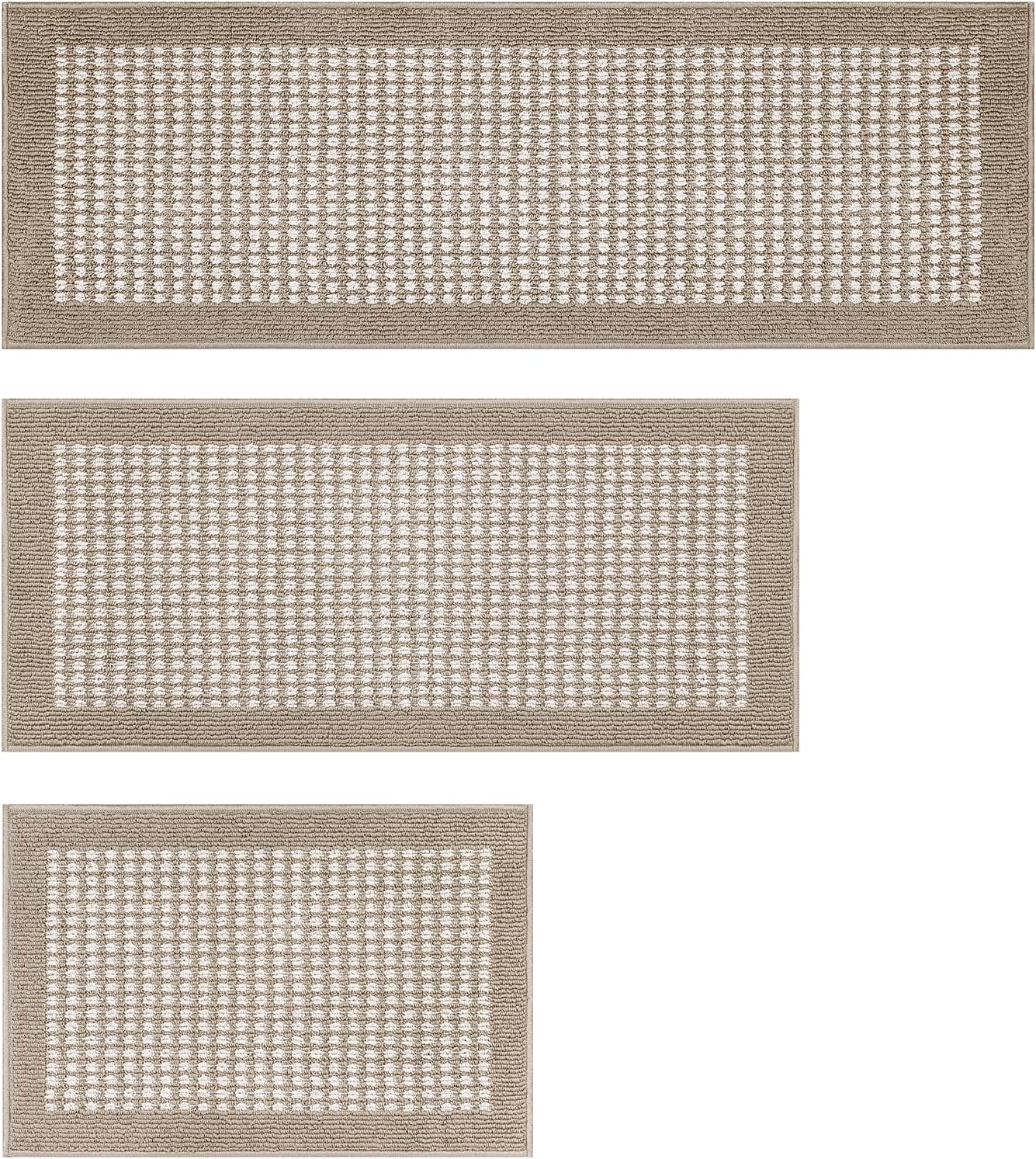 Ileading Kitchen Mat Sets 3 Piece Minimalist 3D Lattice Kitchen Floor Rugs with Non Slip Rubber Backing Machine Washable Farmhouse Runner Rugs for Laundry Hallway Doormat(Beige)