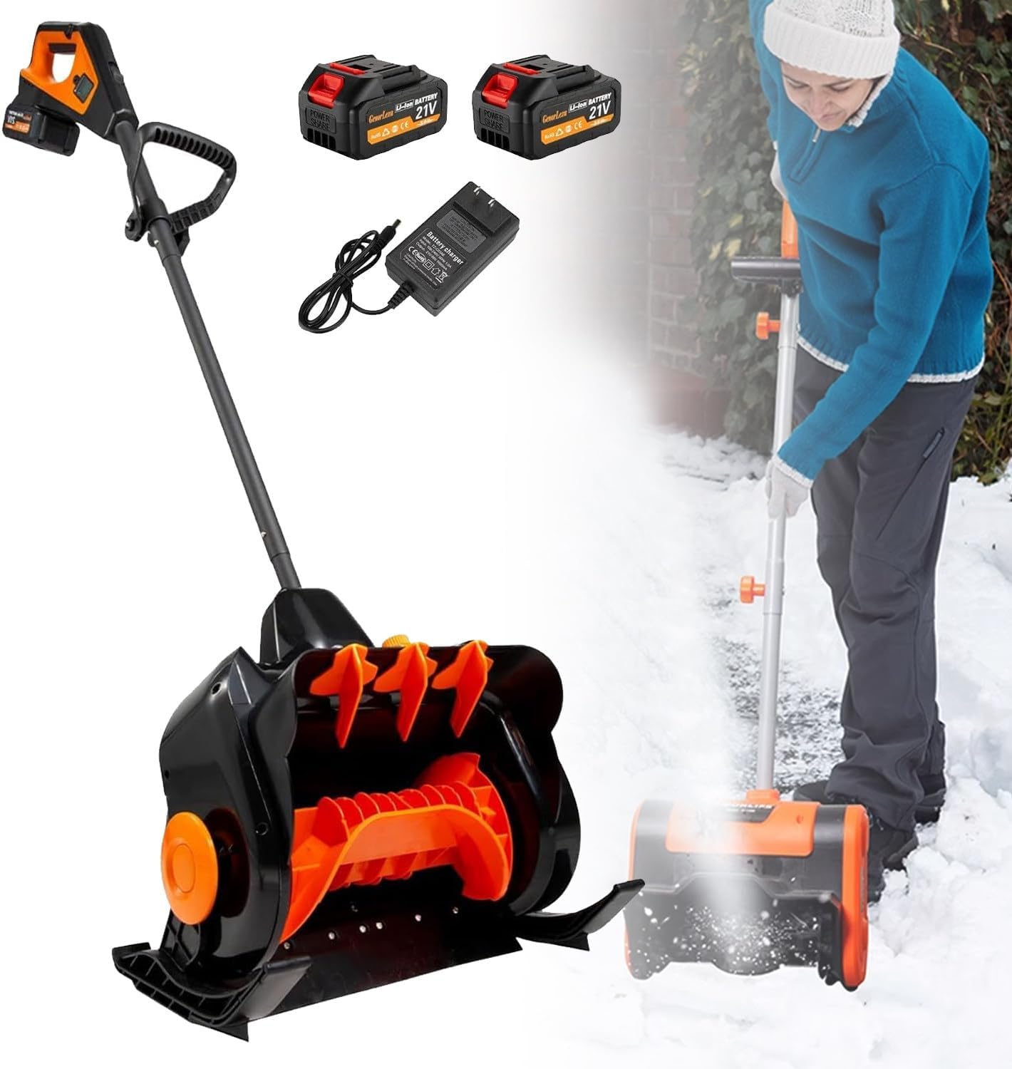 Cordless Electric Snow Shovel with Adjustable Handle, Rechargeable Snow Thrower - 16''*6'' Clearing Area, 33ft Throwing Distance, 3 Throwing Direction, Snow Blower for Driveways, Patios, Sidewalks