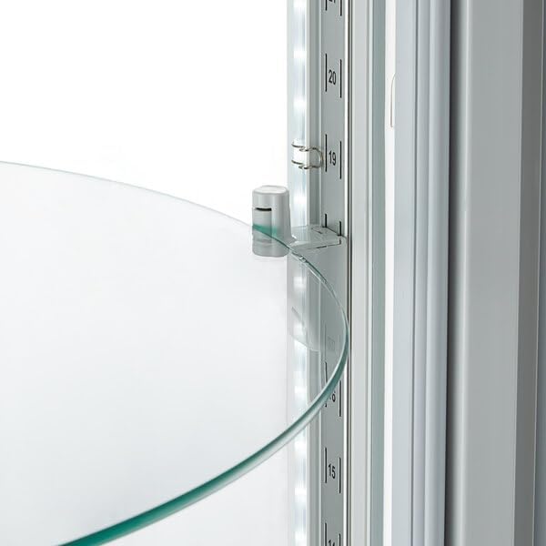 Commercial Glass Display Refrigerator, White Circular Design, 10.5 Cu Ft, LED Lighting, 4 Chrome Shelves, 33-40°F Temperature Range, 24.8x27.2x68.9 Inches