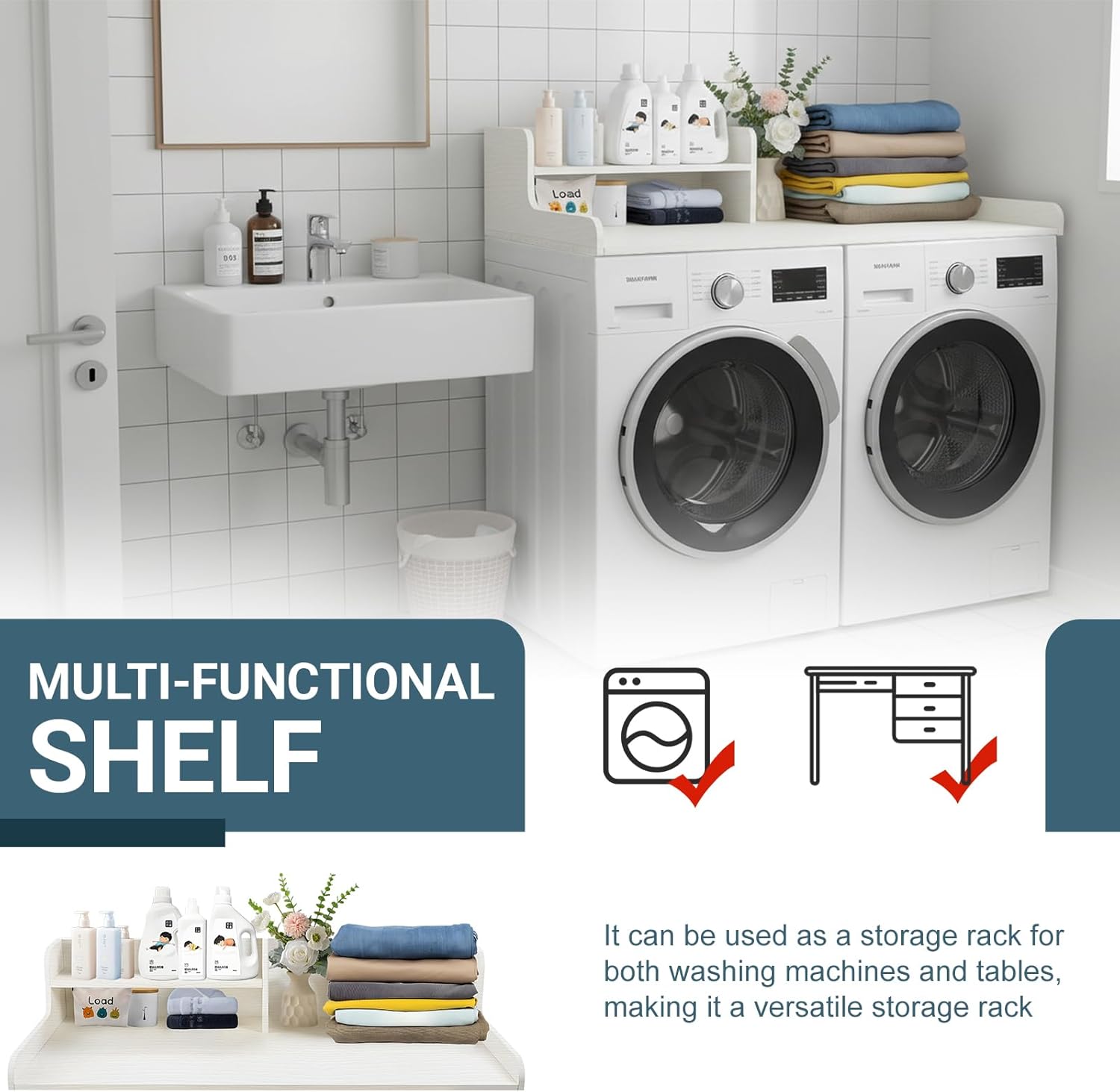 MINGRUIYUWasher Dryer Countertop Shelf – Extra-Wide 2-Tier Laundry Organizer, Over-Washer Storage Topper with Protective Edge Dark Gray Natural Wood 58