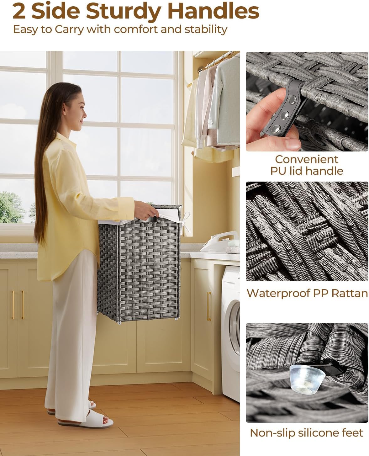 Greenstell Laundry Hamper with Lid, 60L Clothes Hamper with 2 Removable Liner Bags & 2 Mesh Laundry Bags, Handwoven Synthetic Rattan Laundry Basket for Clothes, Toys in Bathroom, Bedroom Grey