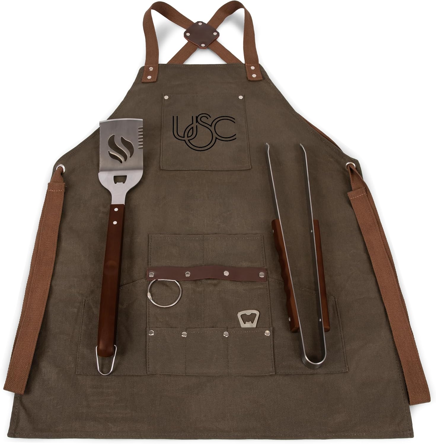 PICNIC TIME NCAA USC Trojans BBQ Apron with Tools & Bottle Opener, Distressed Waxed Canvas Apron with BBQ Spatula & BBQ Tongs, (Khaki Green with Beige Accents)