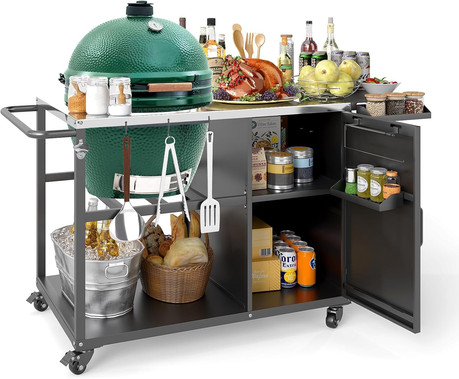 Big Green Egg Outdoor Grill Table, Portable Heavy Duty Metal Grill Cart with Wheels, Plenty of Storage, Fits Large, Medium, and Small Big Green Egg and Kamado Joe Classic Grills,Black