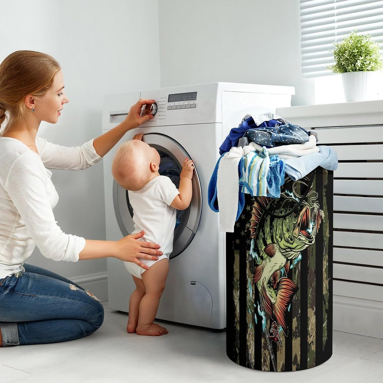 Watercolor American Flag Camo Fishing Laundry Hamper Dirty Clothes,Rustic Camouflage Hunting Theme Fishing Large Laundry Basket Storage Basket For Bathroom 15.7W