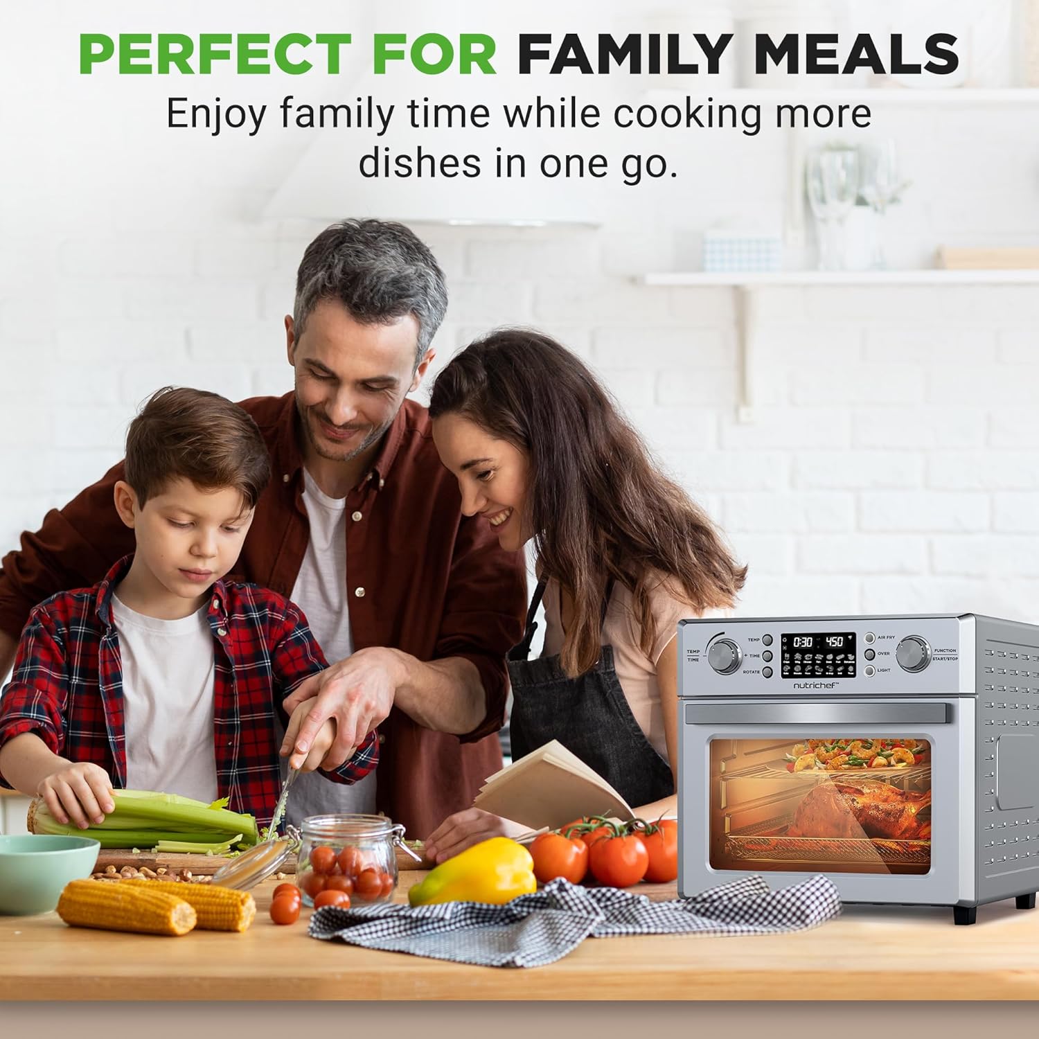 NutriChef 26QT Air Fryer Oven | Countertop Convection Toaster & Air Fryer | 360° Rotisserie Feature | 10 Digital Presets | Includes Drip Tray, Air Frying Basket & Bake Rack 15x16x14 | Stainless Steel