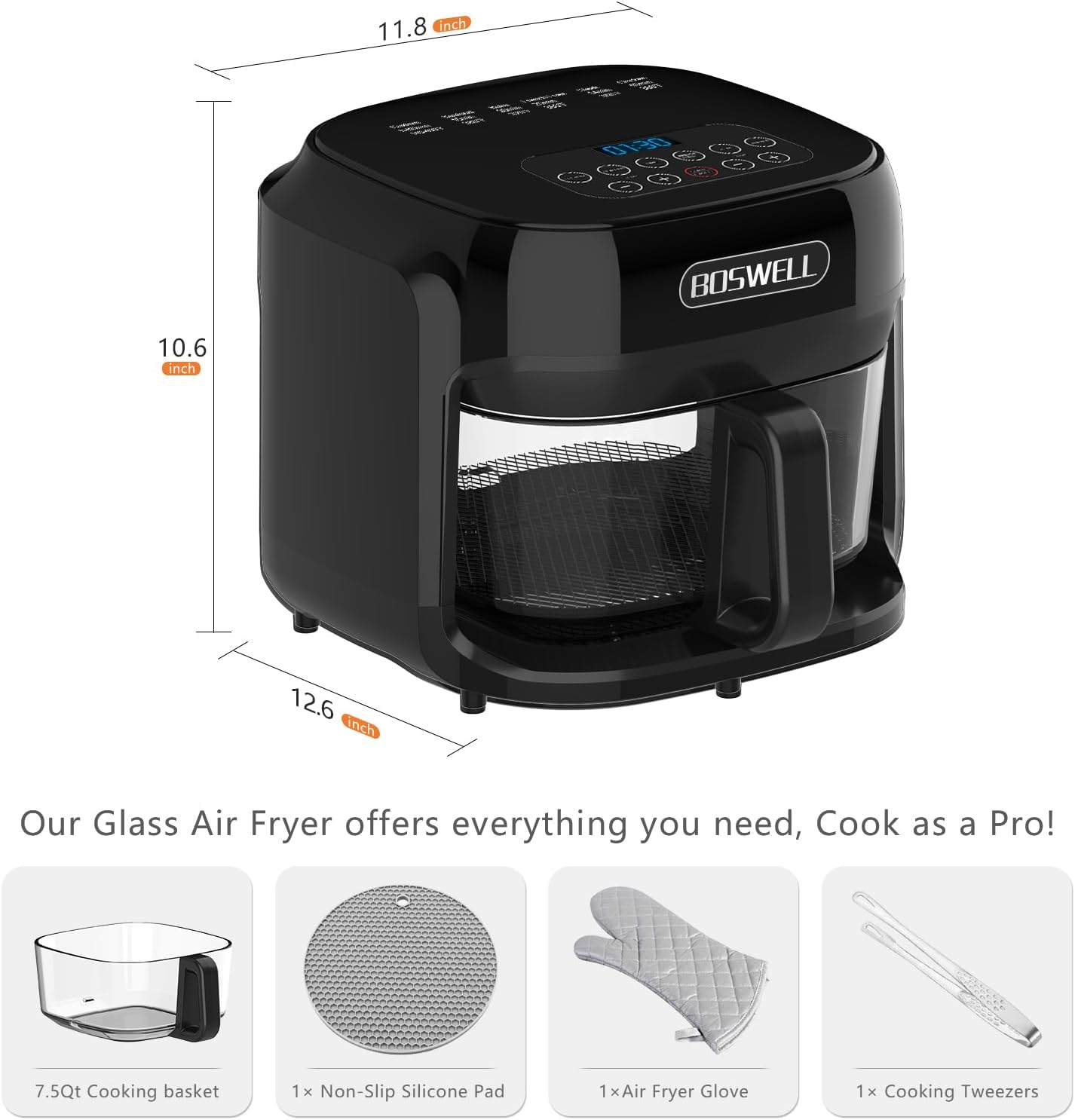 BOSWELL Glass Air Fryer, 7.5QT with Transparent Fry Bowl, Circulating Heating, Temperature Control, Air Fryer Roast, Dishwasher Safe