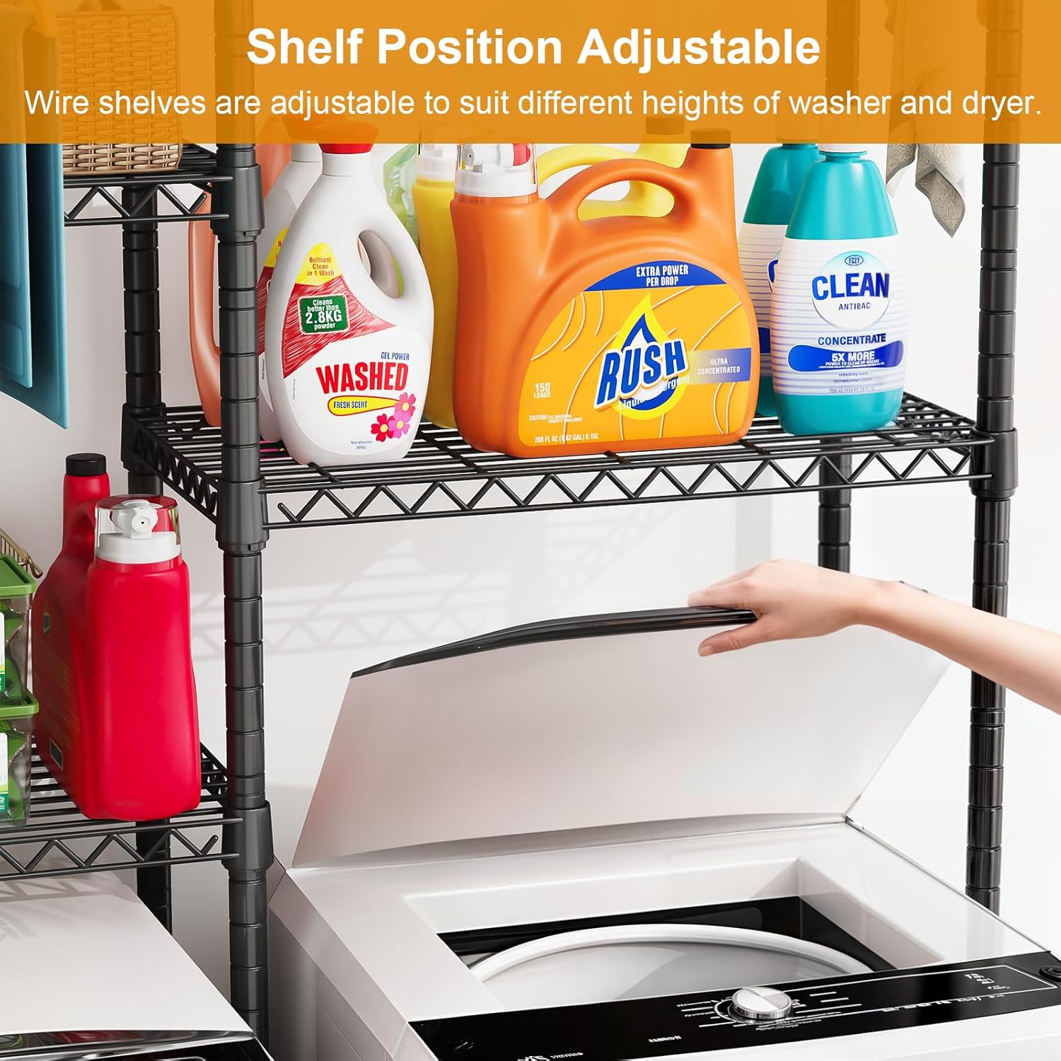 U14 Medium Over the Washer and Dryer Shelves, 4 Tiers Laundry Room Storage and Organizer System, Space Saving Clothes Drying Rack with 2 Clothes Hanger Rods, 57.8