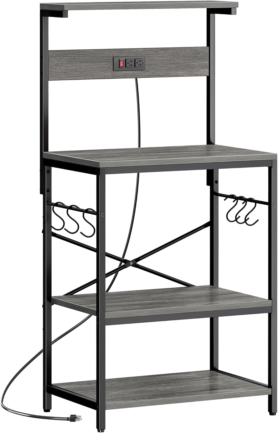 SUPERJARE Kitchen Bakers Rack with Power Outlet, Coffee Bar Table 4 Tiers, Kitchen Microwave Stand with 6 S-Shaped Hooks, Storage Shelf Rack for Spices, Pots and Pans - Charcoal Gray