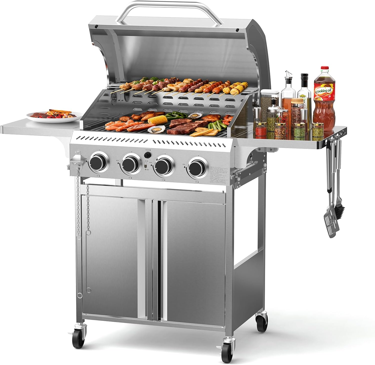 4-Burner Propane Gas Grill with 304 Stainless Steel Cooking Grid, Hanging Hooks/Heat-Resistant Handle, 32000BTU Stainless Steel BBQ Grill with Portable Wheels for Camping/Patio/Backyard