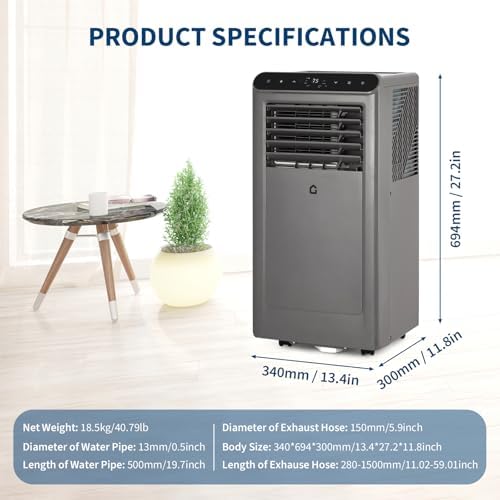 8000 BTU Portable Air Conditioner - 3-in-1 Cooling/Dehumidifier & Fan, Cools 350 Sq.Ft, 42dB Quiet AC with Remote & Window Kit for Bedroom, Office, Apartments, Grey+Black