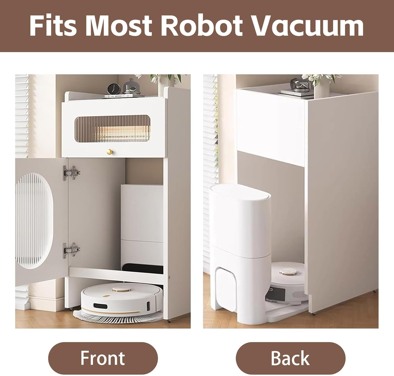 Self-Emptying Robot Vacuum and Mop Mobile Storage Cabinet Robot Vacuum Hidden Storage Cabinet with Wheels Home Office Living Room Garage Wood Accent End Table(Champagne,19.6x15.7x36.6in)