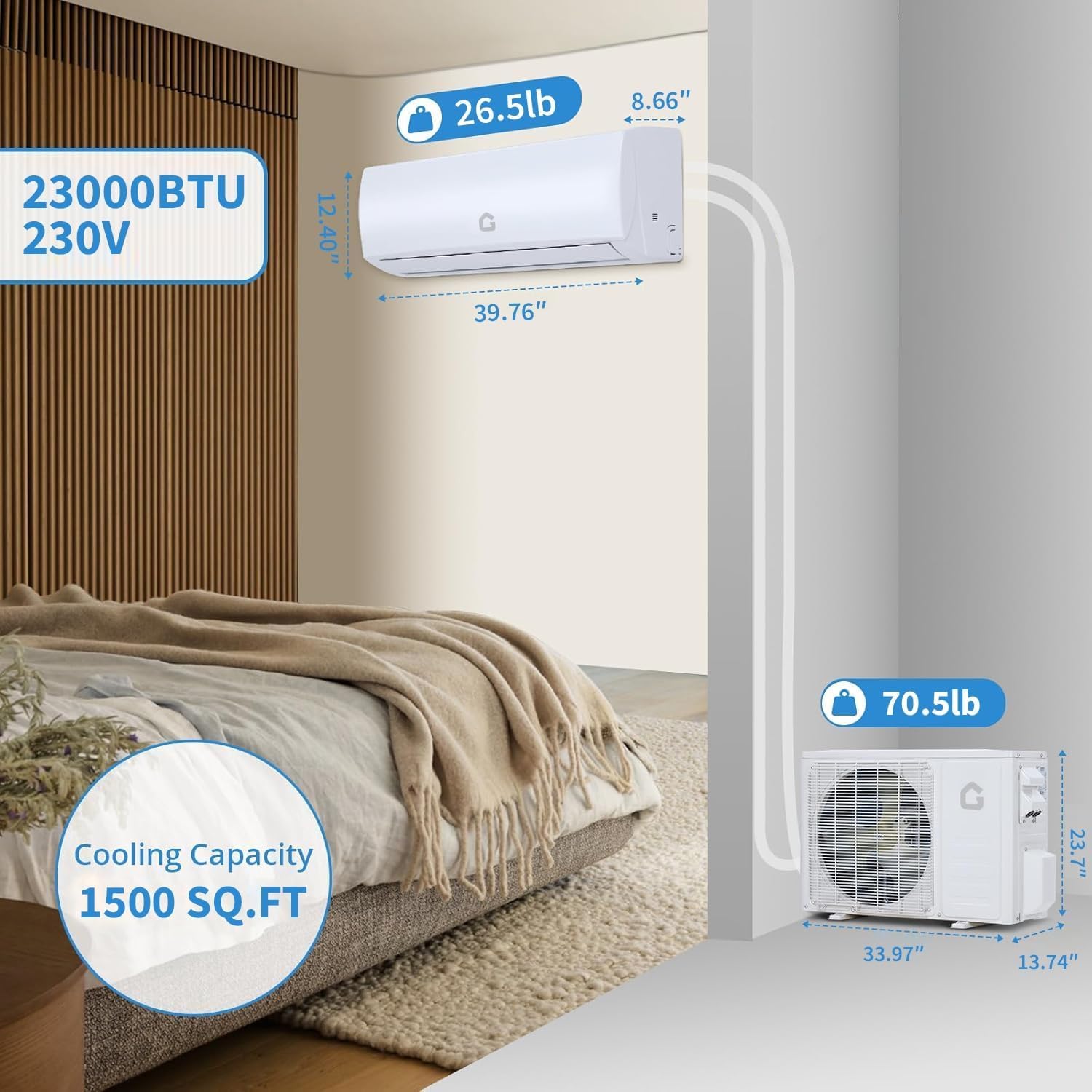 23000 BTU Mini Split AC & Heat Pump, 230v Energy Efficient Wall-Mounted Ductless Air Conditioner with WiFi Control, r32 Eco-Friendly Refrigerant, Cools/Heats Up to 1500 Sq.Ft, Quiet Operation