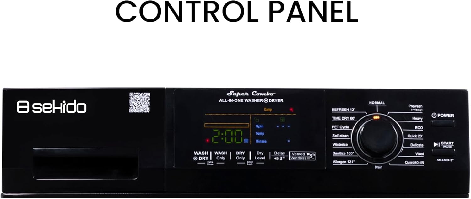 Sekido All-in-One Washer Dryer VENTLESS/VENTED PET cycle 1.62cf/15lbs 110V (Black)