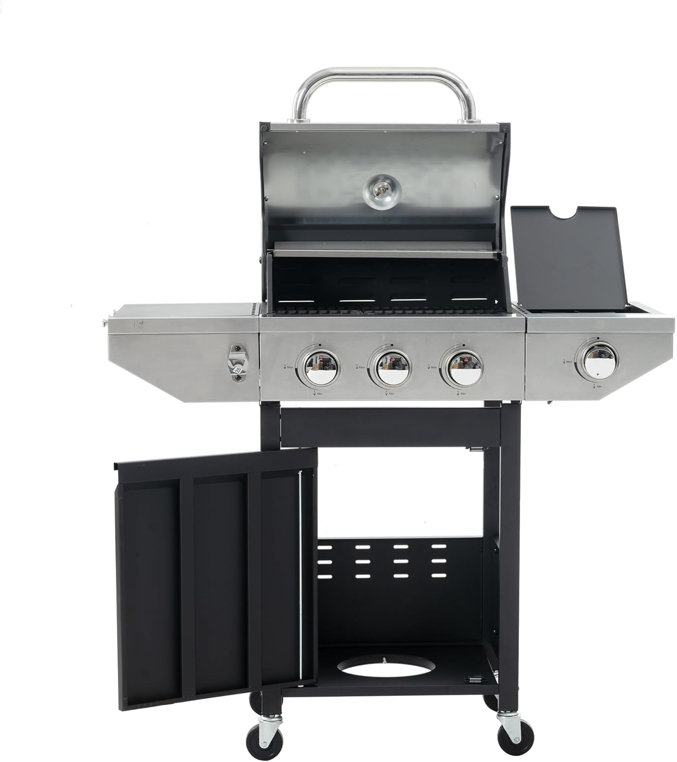 Stainless Steel Propane Grill with 3 Burners, Side Burner, and Thermometer - Ideal for Outdoor BBQ and Camping