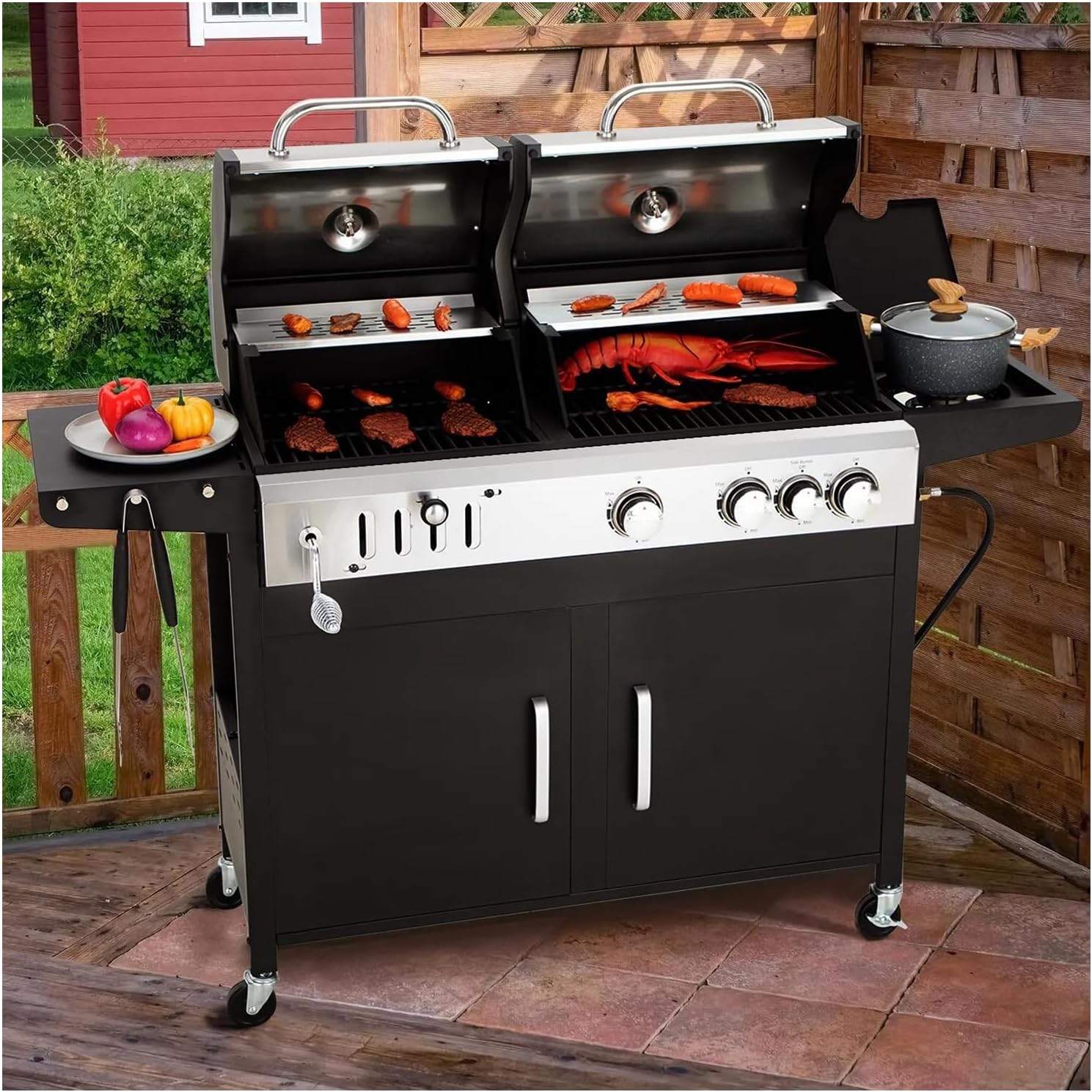 Thaweesuk Shop New Dual Fuel BBQ Grill Propane Gas Charcoal Side Burner Outdoor Cooking Stainless Steel Smoker Combo Griddle Camping BTU Offset Barbecue Portable Cooker Black 60.8