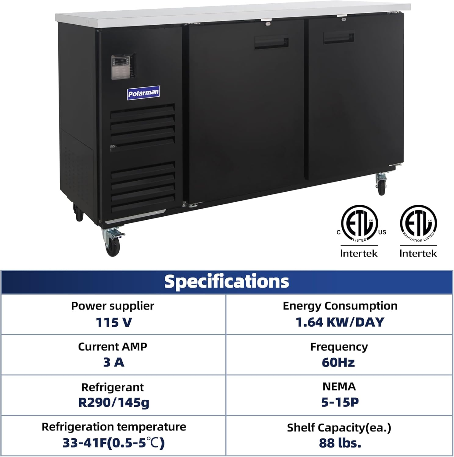 Polarman Back Bar Cooler Solid Door Beer refrigerator NSF/ETL Certified Undercounter Beverage Fridge 20.4 Cu-ft Capacity| 33°F-41°F Digital Control | Stainle ss Steel Interior & Heavy-Duty Casters