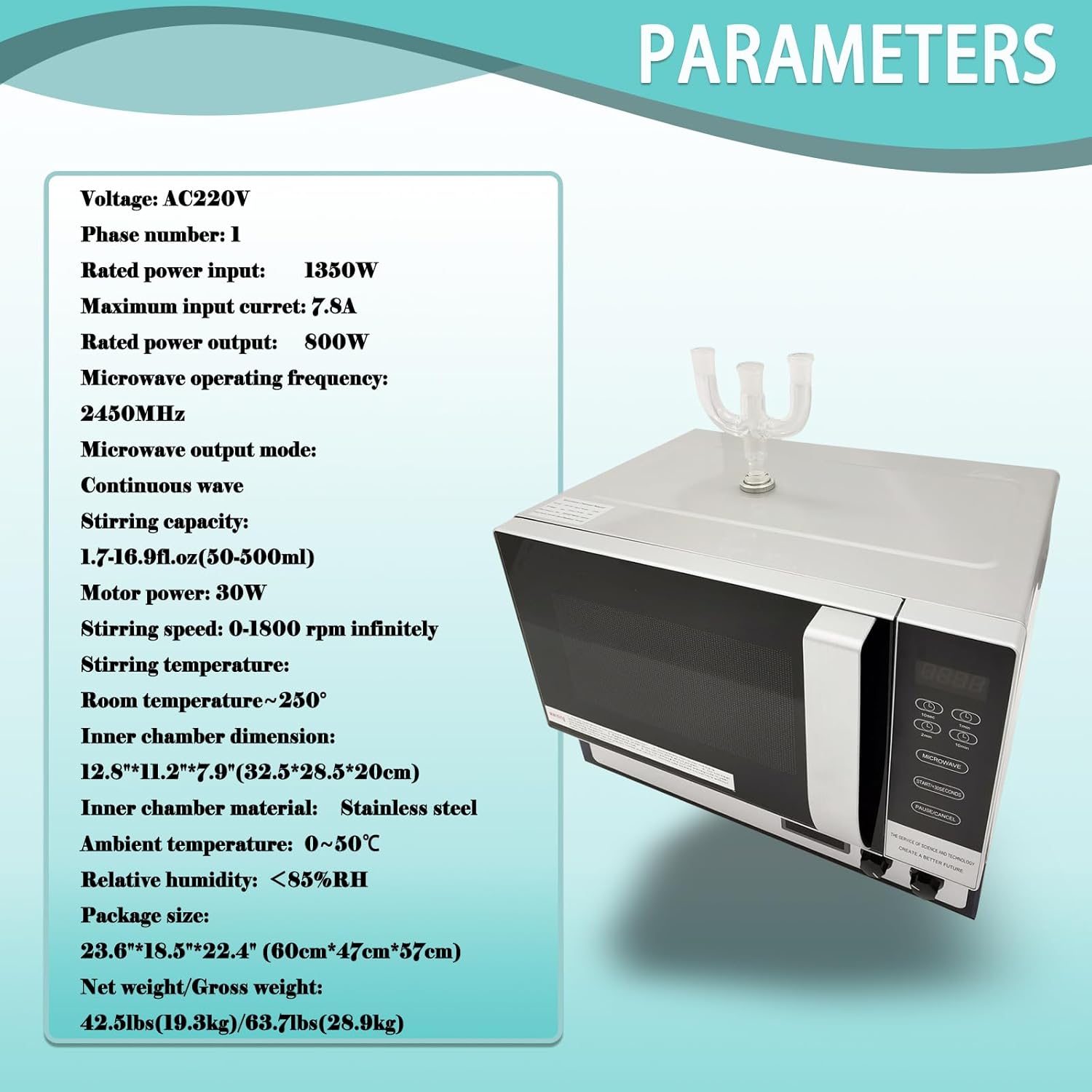 Lab Microwave Reactor Continuous Radiation Oven 800W Output,with Magnetic Stirring 1.7-16.9fl.oz,304 Stainless Steel Chamber, Safety Auto-Stop,0-1800rpm,LCD Display 220V 1PH