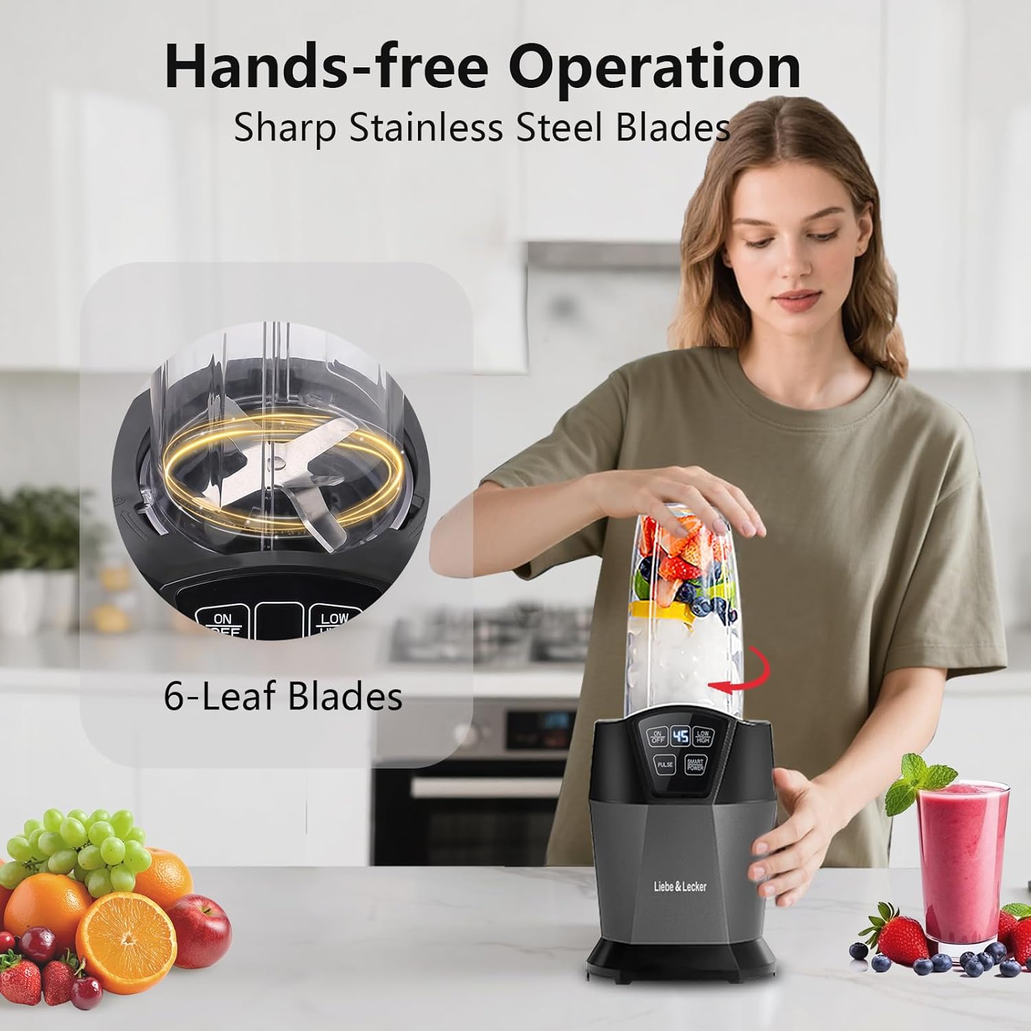 Liebe&Lecker Smoothie Blender, 1200 Peak Watts Blender for Smoothies, Blenders with (2) 28-oz To-Go Cups & Solid Lid, Personal Blenders for Shakes and Smoothies, Ice Crushing & Frozen Fruit