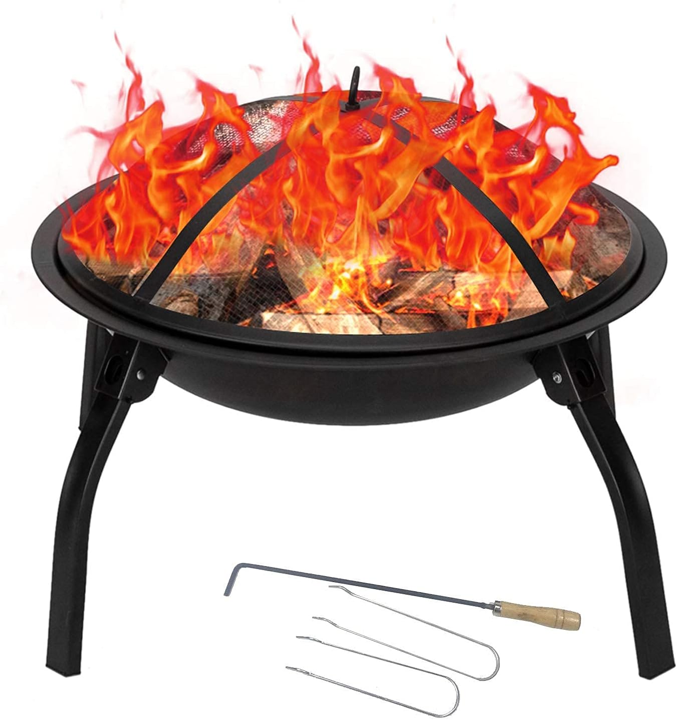 Portable Outdoor Fire Pit Round Wood Burning Steel BBQ Grill Firepit Bowl with Mesh Spark Screen Cover Log Grate and Fire Poker, for Camping Bonfire Patio Park Backyard Garden