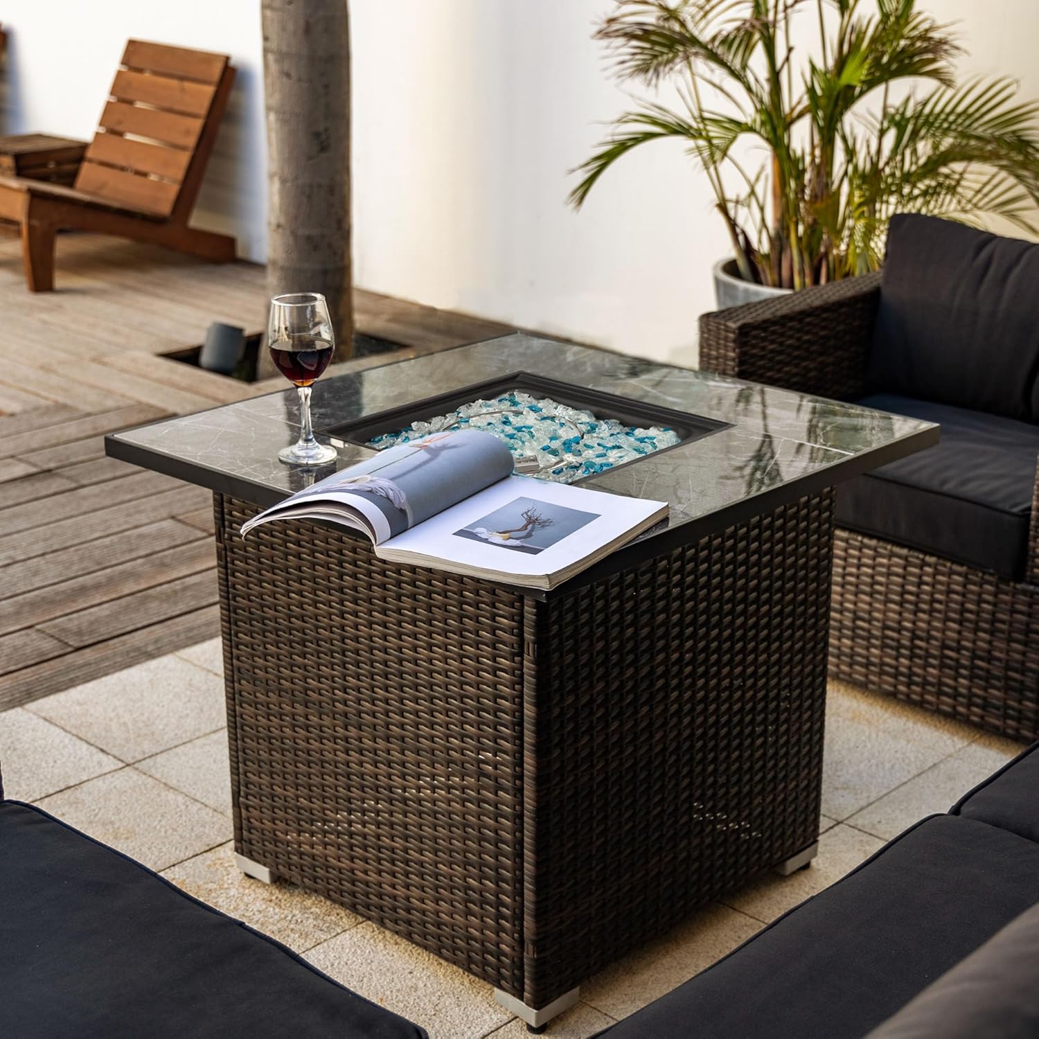 Deluxe Outdoor Fire Table, 30-inch Propane Gas Pit with Ceramic Tile Tabletop and Rattan Wicker Body, Includes Lid, 40000 BTU Heat Output, Electronic Ignition, with Glass Rocks and Rain Cover