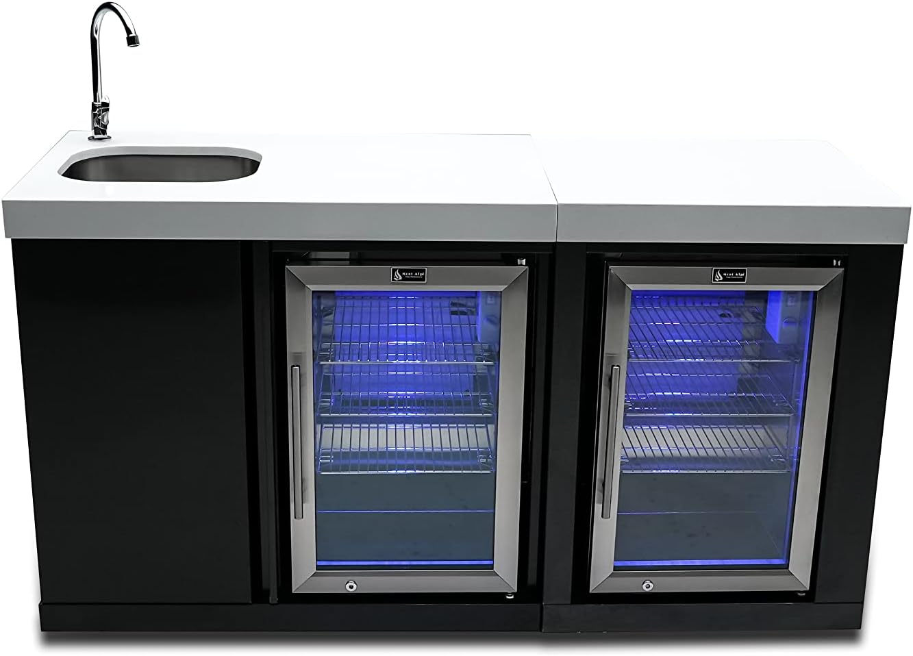 Mont Alpi Bar Series MA-BEVBSSFC Modular Black Stainless Steel Double Outdoor Rated Refrigerator Wine Cooler Beverage Center with Granite Countertops with Blue LED Lighting + Faucet & Sink