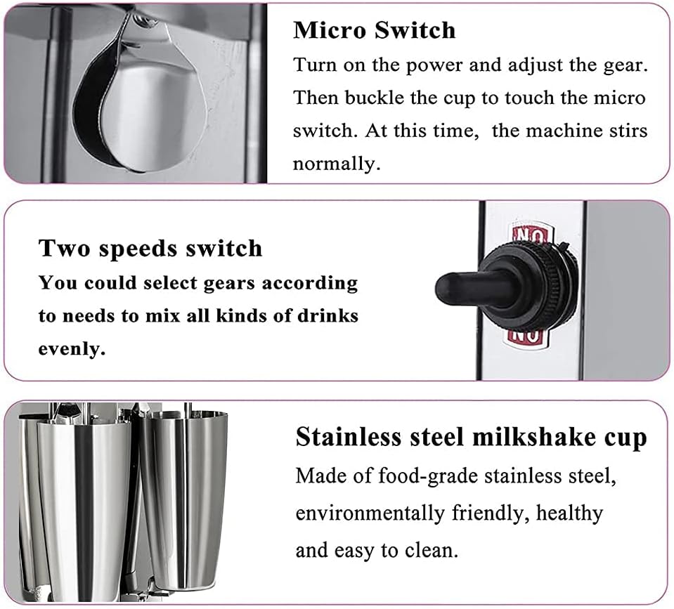 tonchean Commercial Double Head Milkshake Maker, Stainless Steel Milk Shake with 2 Speeds Blender Electric Milkshake Maker Machine with 28 oz Stainless Steel Cup, 110V 180W Silver