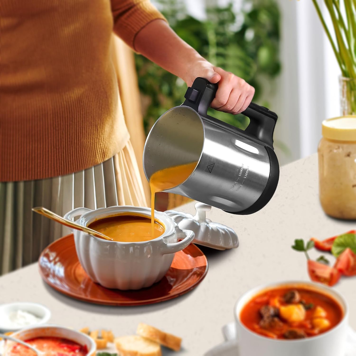 Homtone 1.6L Soup Maker Machine, Stainless Steel Soup Maker Blender with Smooth & Chunky Settings, Anti-Dry Burn, Overfill Sensors, Ideal for Quick Soups, Baby Food