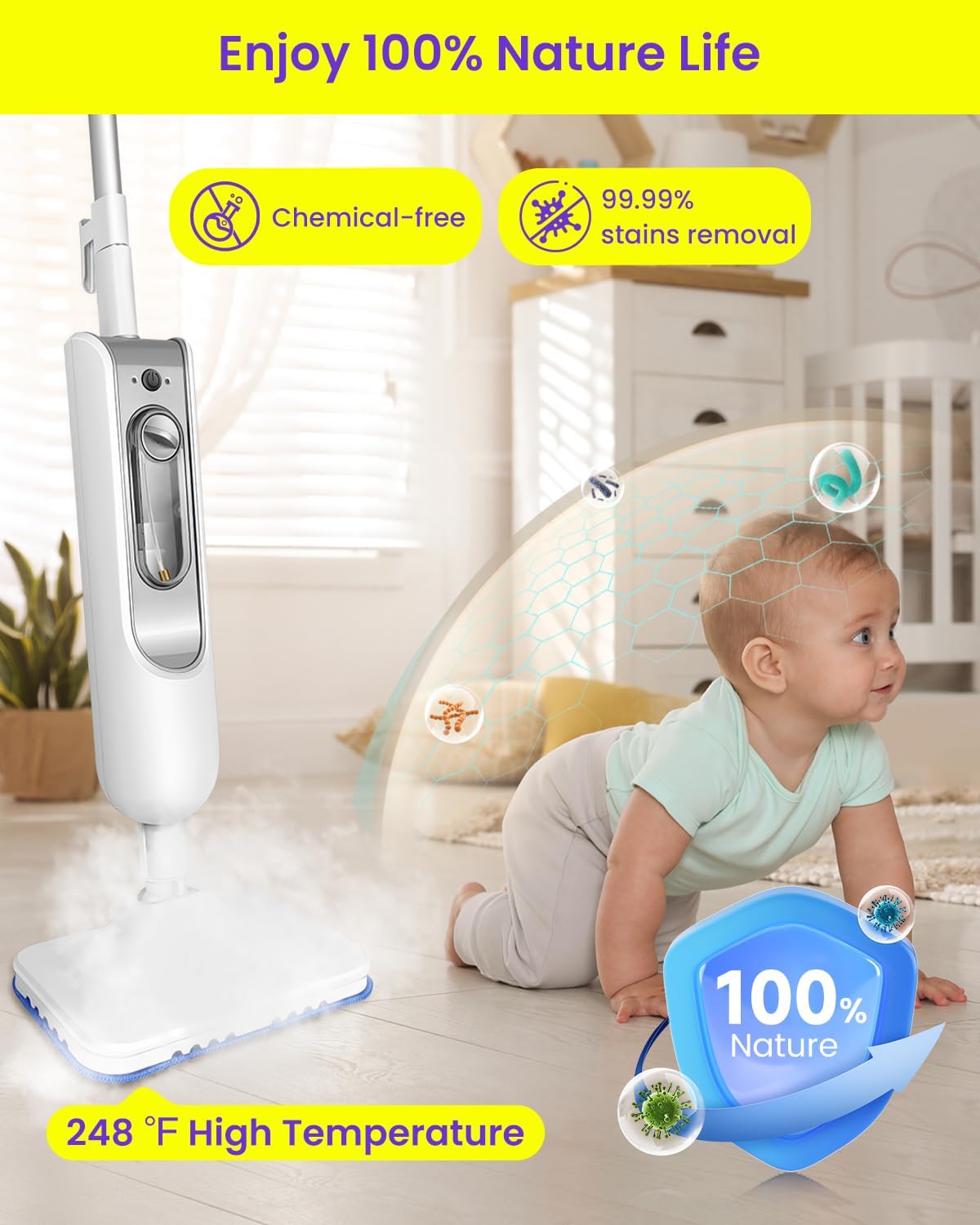 6 IN 1 Steam Mop for Floor Cleaning, Effortless Ergonomic Design Handheld Steam Cleaner, Floor Steamer for Hardwood and Tile, 1500W High Power, 16.4ft Cord, 400Ml XL Tank, 2 Washable Pad