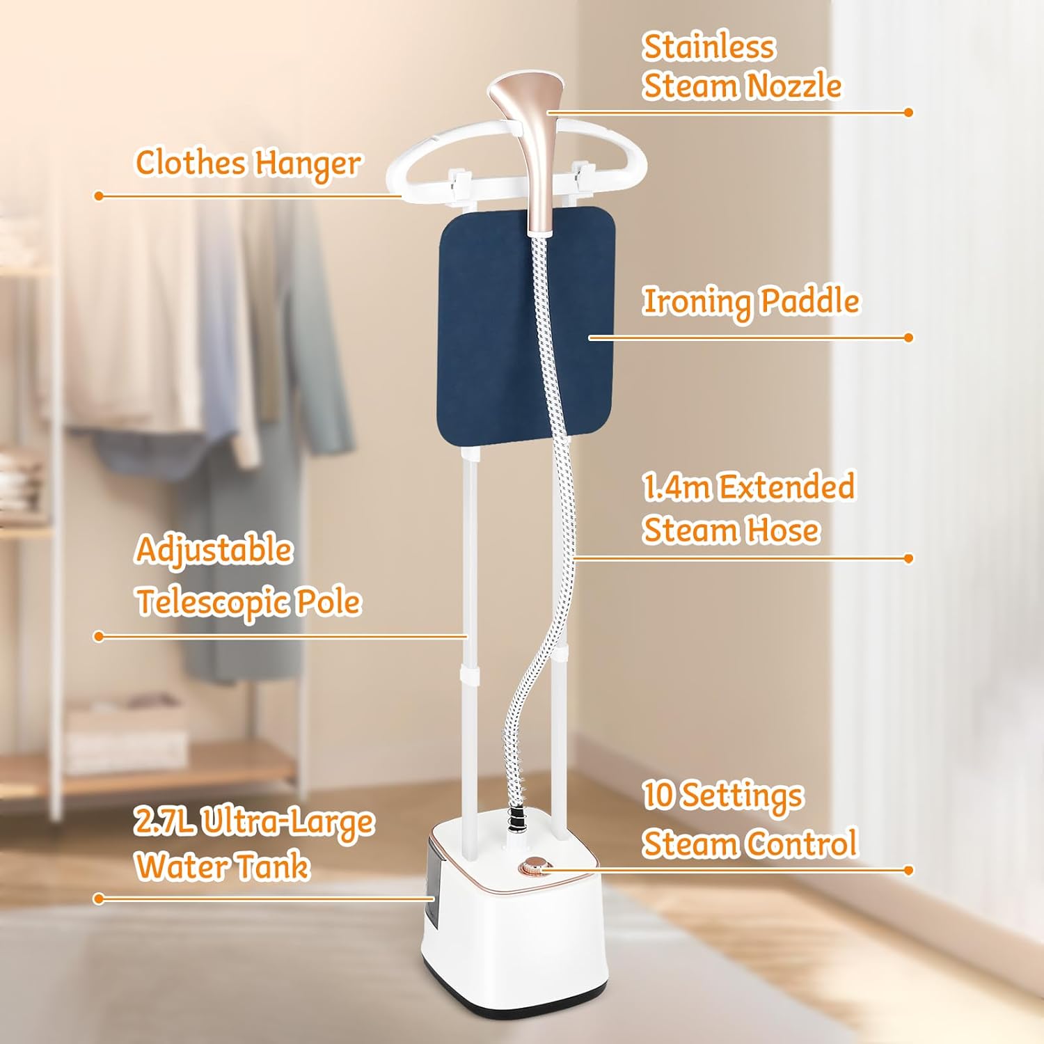 ADVWIN 2000W Powerful Standing Steamers, Garment Steamer for Clothes, 10 Steam Levels, 2.7L Water Tank for 90 Mins Continuous Steaming, Perfect for Commercial and Household Use (Champagne Gold)