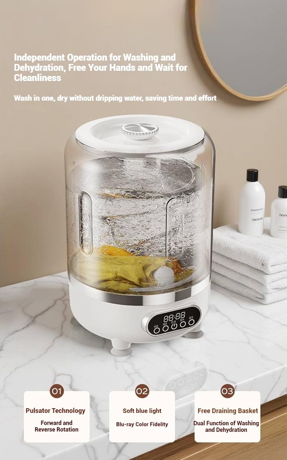 Portable Washer 3-in-1 Wash, Rinse, Washer Rotating Basket Ideals for Cleaning Underwear, Socks, And Lightweight Garments (powder)