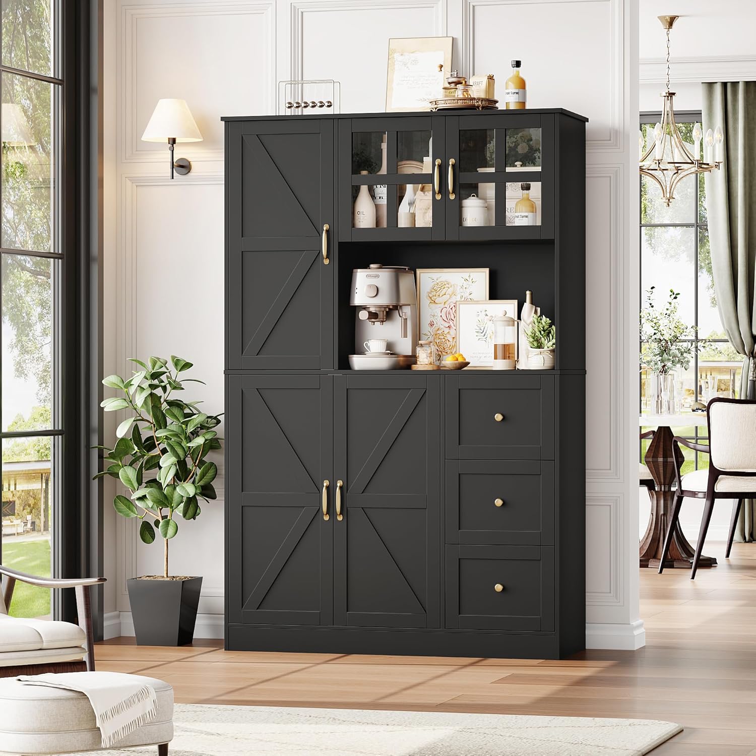 FINETONES Farmhouse Pantry Cabinet, Kitchen Pantry Storage Cabinet with Microwave Stand, Ktichen Hutch Food Pantry Cabinet with Open Countertop and Adjustable Shelf for Kitchen Dining Room, Black