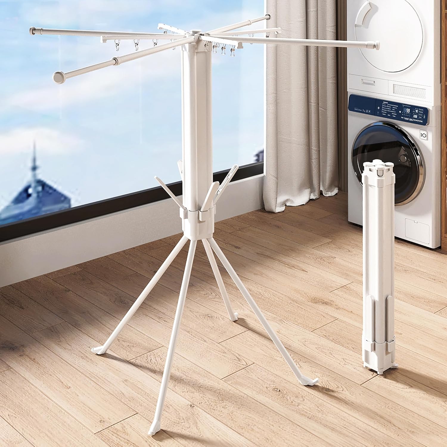 Clothes Drying Rack, Portable Foldable Laundry Drying Rack, Four-Legged Tripod-Style Drying Rack Clothing with Sock Clips & 4 Shoe Holders, Space-Saving Garment Rack for Indoor & Outdoor Use
