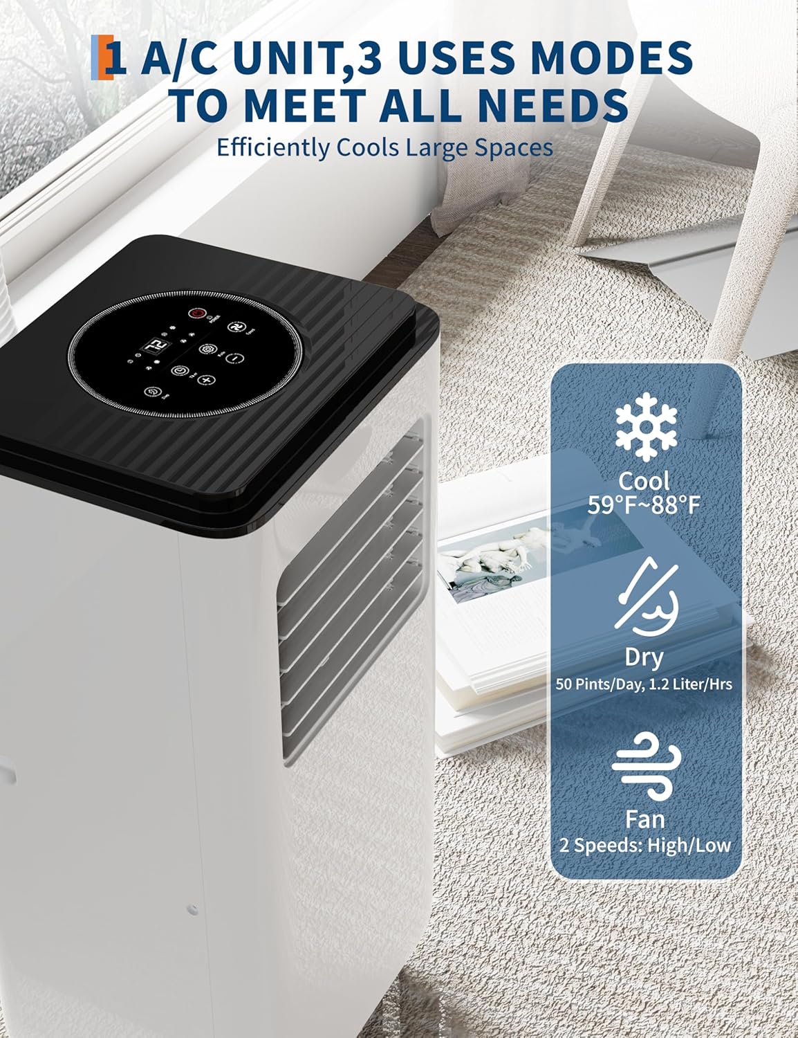 8,000 BTUs Portable Air Conditioner, Cools up to 350 Sq. Ft. with Remote Control, 3-in-1 Standing AC Unit, Cooling, Dehumidifying, Fan Mode, LED Display for Bedroom, Studio Apartment