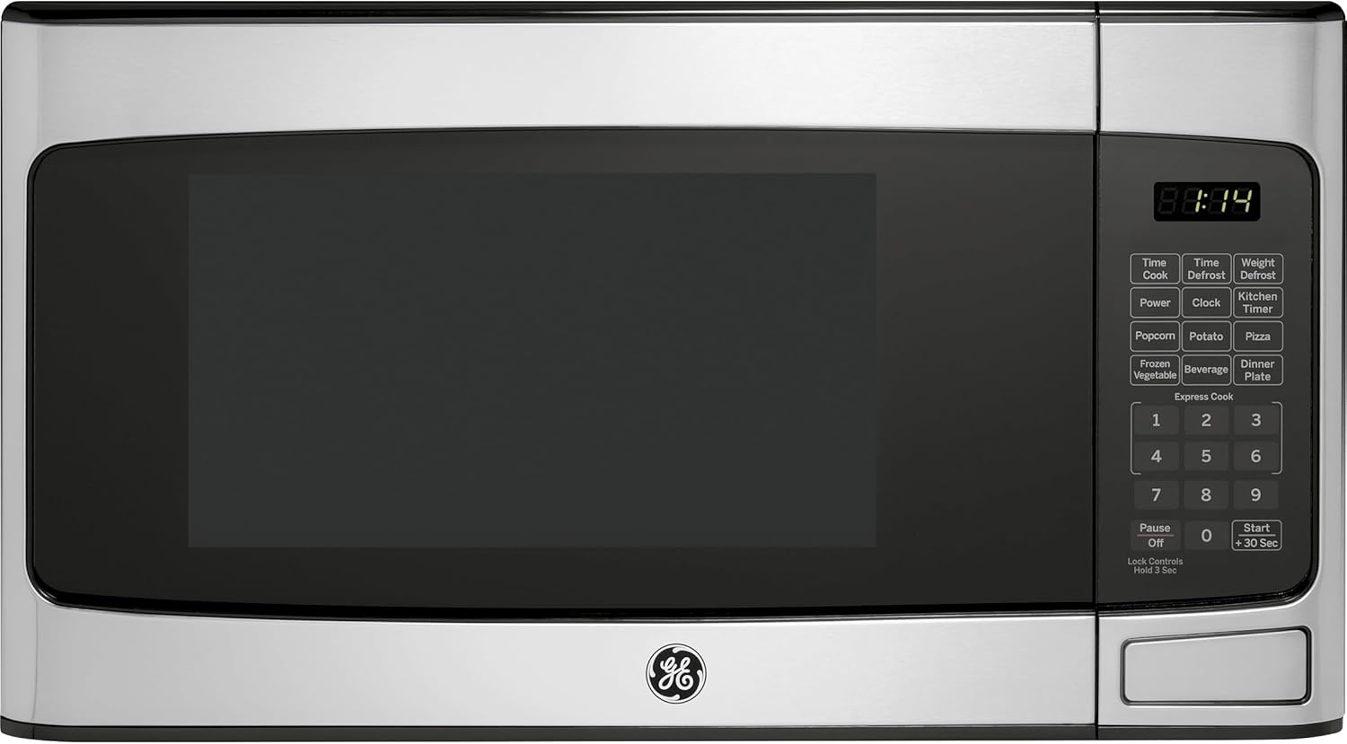 GE Countertop Microwave Oven, Compact 1.1 Cubic Ft., 950-watt Capacity, 6 Auto Cooking Settings, Child-Lock Technology, Kitchen Essentials for the Countertop, Dorm Room or Apartment, Stainless Steel
