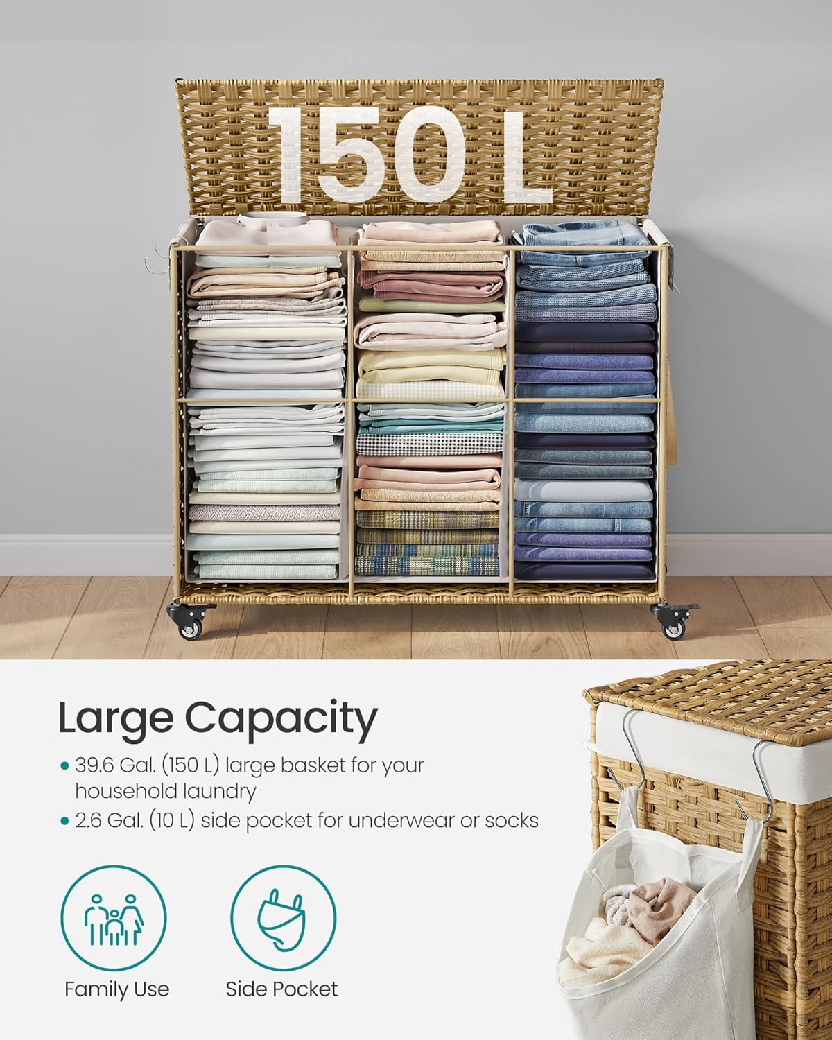 SONGMICS Laundry Hamper with Lid, 42.3 Gallons (160 L), Rolling Laundry Basket with Wheels, 3-Section Synthetic Rattan, Removable Liner, Bedroom, 29.9 x 13 x 26 Inches, Natural ULCB365N01