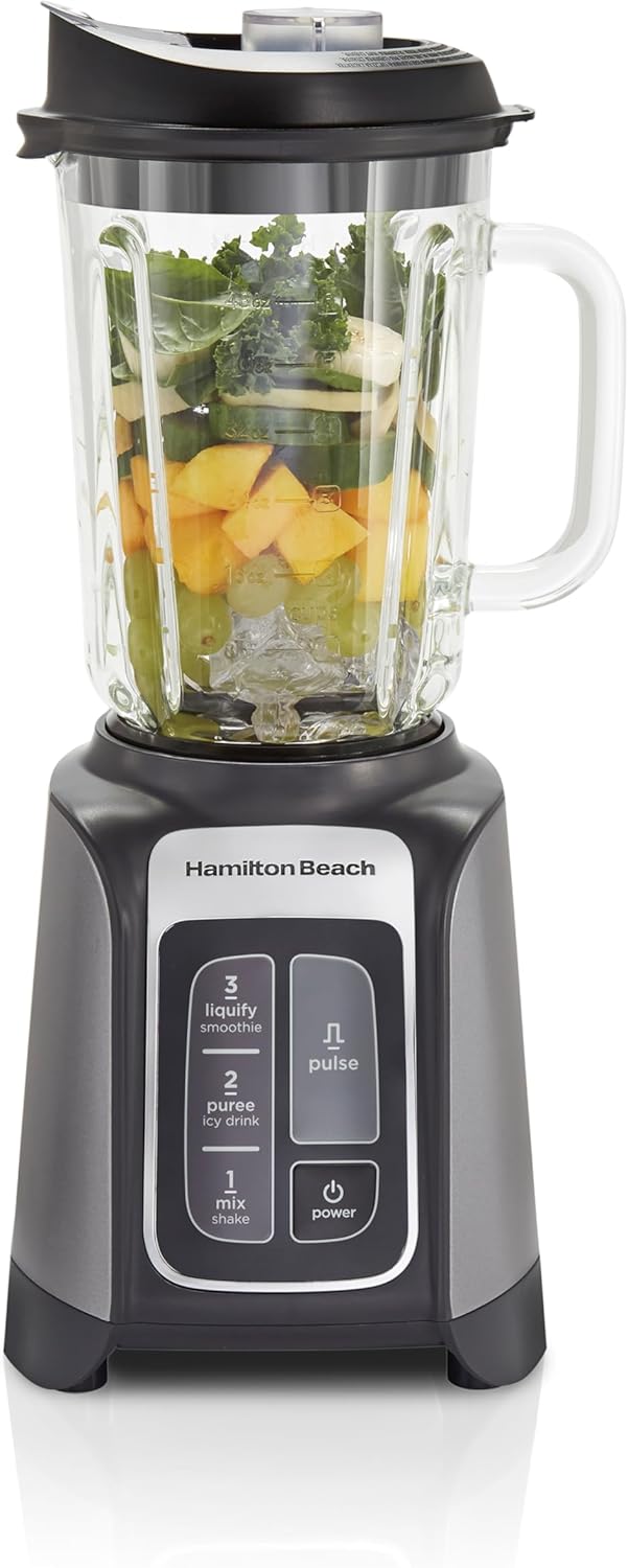 Hamilton Beach PowerMax Professional-Performance Blender for Shakes and Smoothies, Puree and Ice Crush, 48oz BPA-Free Glass Jar, 1680 Peak Watts, Stainless Steel Blades, Gray (58600J)